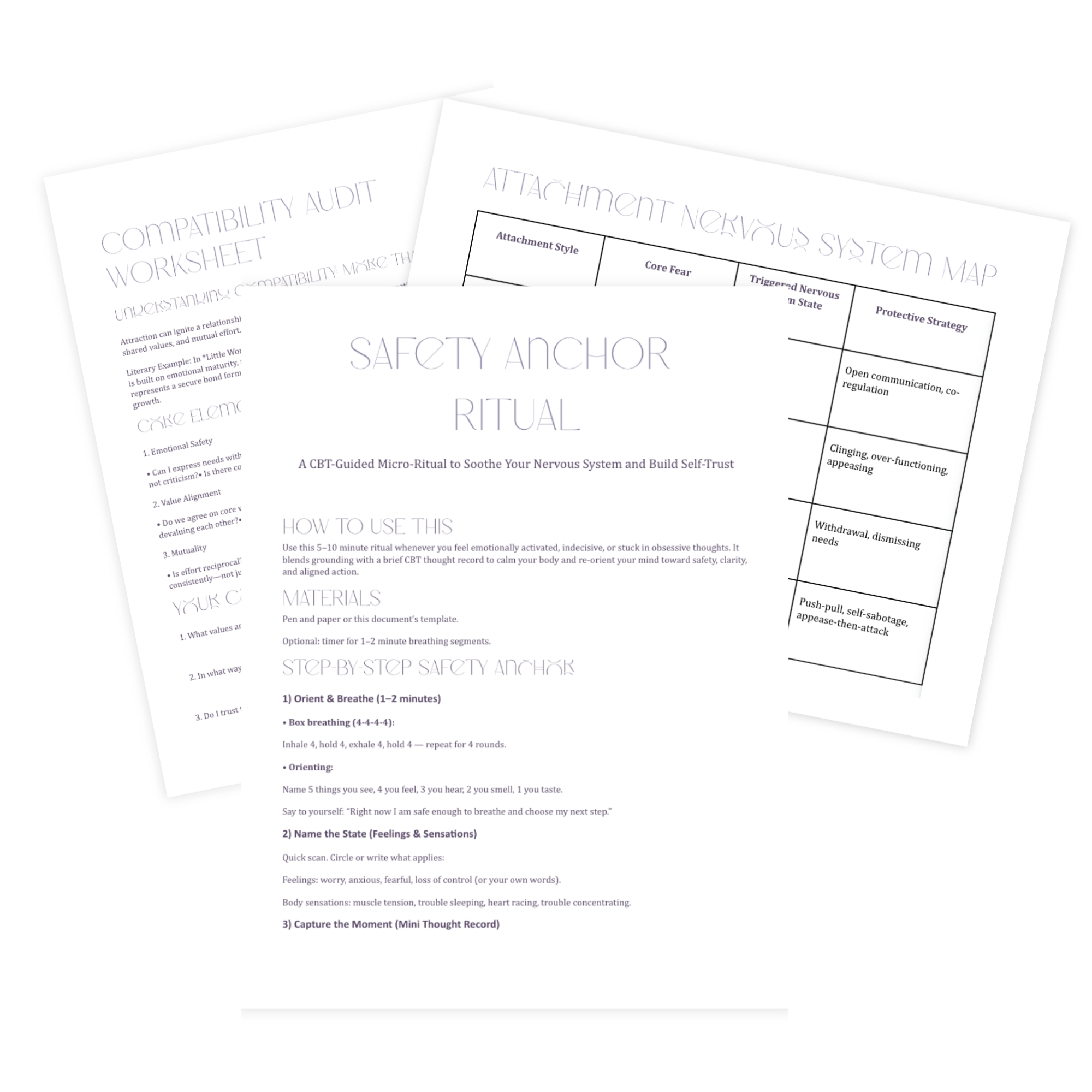 Three printed worksheets titled 'Safety Anchor Ritual,' 'Attachment Nervous System Map,' and 'Compatibility Audit Worksheet' arranged overlapping on a flat surface.