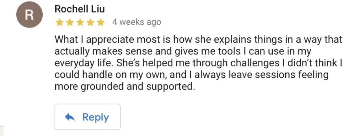 Customer review by Rochelle Liu praising Olympia for explaining things clearly and providing useful tools.