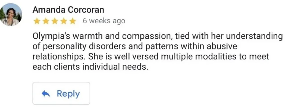Google review by Amanda Corcoran praising Olympia's warmth, compassion, understanding of personality disorders, and versatility in meeting client needs.
