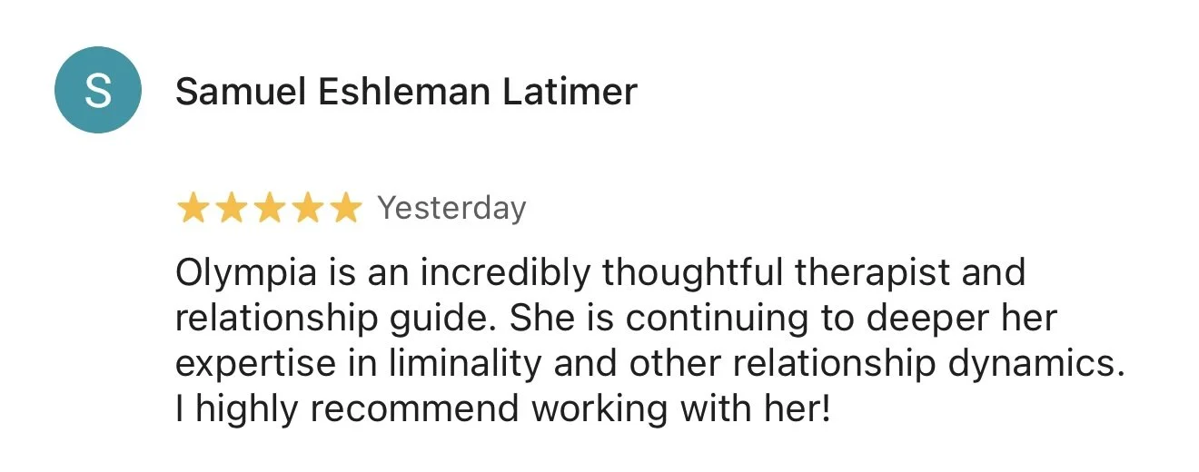 Review for Olympia by Samuel Eshleman Latimer, showing 5 stars and a note recommending working with her.