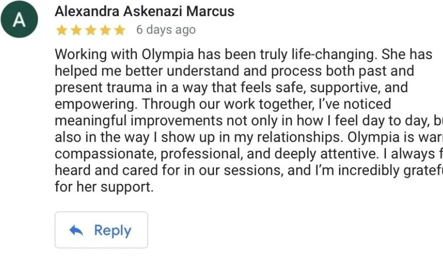 Review from Alexandra Askenazi Marcus, five-star rating, six days old, praising her for life-changing work in understanding and processing trauma, improving relationships, and her caring, professional approach.