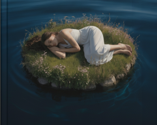 Book titled 'The Symbol of O' by Olympia Georgeson, featuring a cover with a woman lying on a small grassy island surrounded by water.