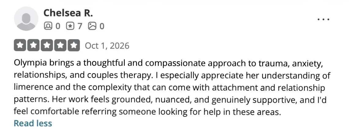 A Yelp review by Chelsea R., praising Olympia's approach to therapy, covering trauma, anxiety, relationships, and couples therapy.