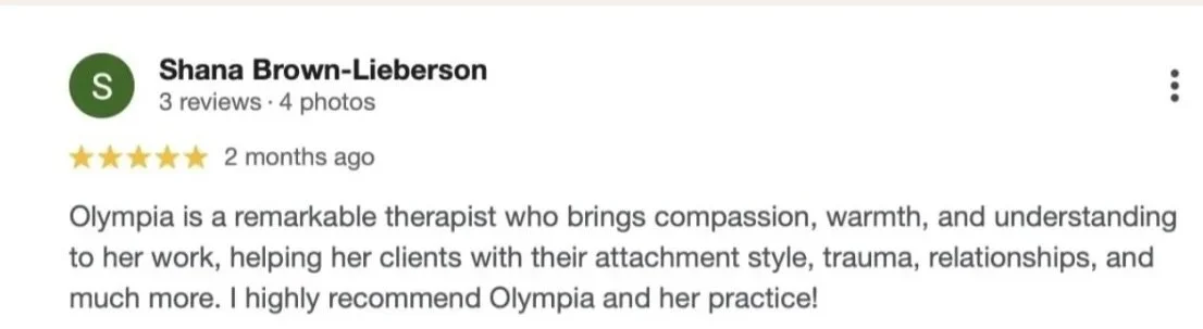 Google review for Olympia from Shana Brown-Lieberson, praising her as a dedicated and compassionate therapist.