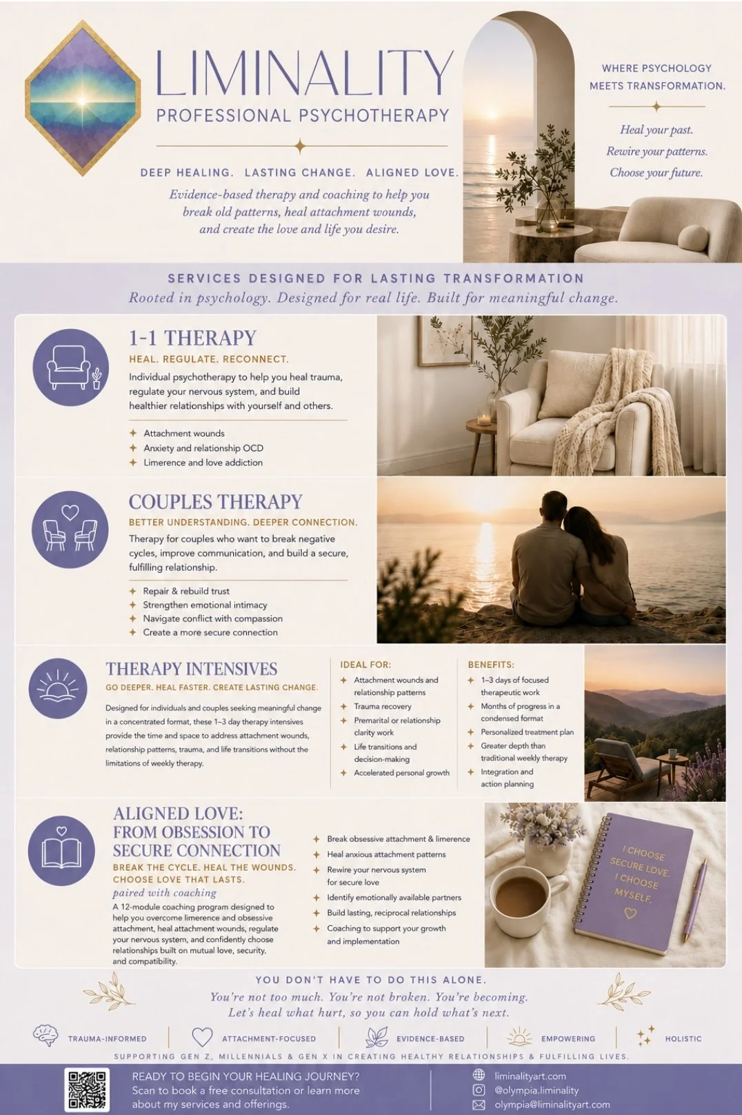 A promotional flyer for Liminality Professional Psychotherapy featuring info about therapy services including individual, couples, and intensive therapy.
