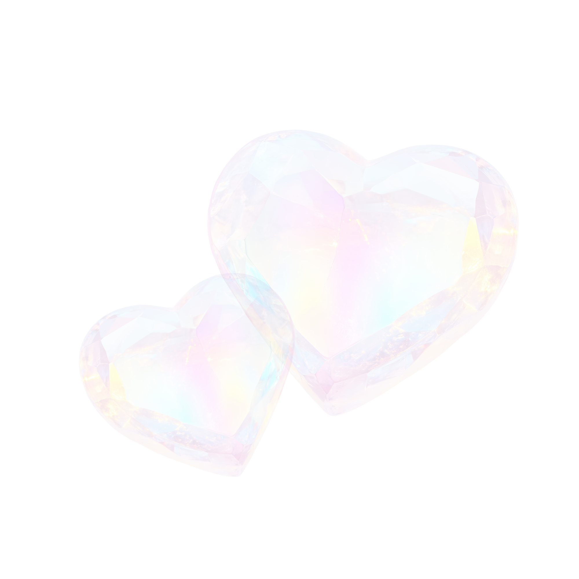 Two iridescent, faceted crystal hearts with rainbow coloring, one larger and one smaller, against a transparent background.