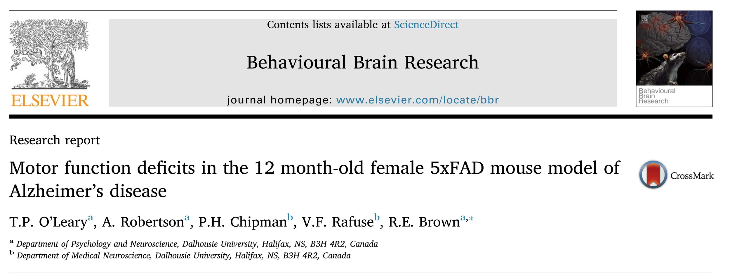 Motor function deficits in the 12 month-old female 5xFAD mouse model of Alzheimer’s disease