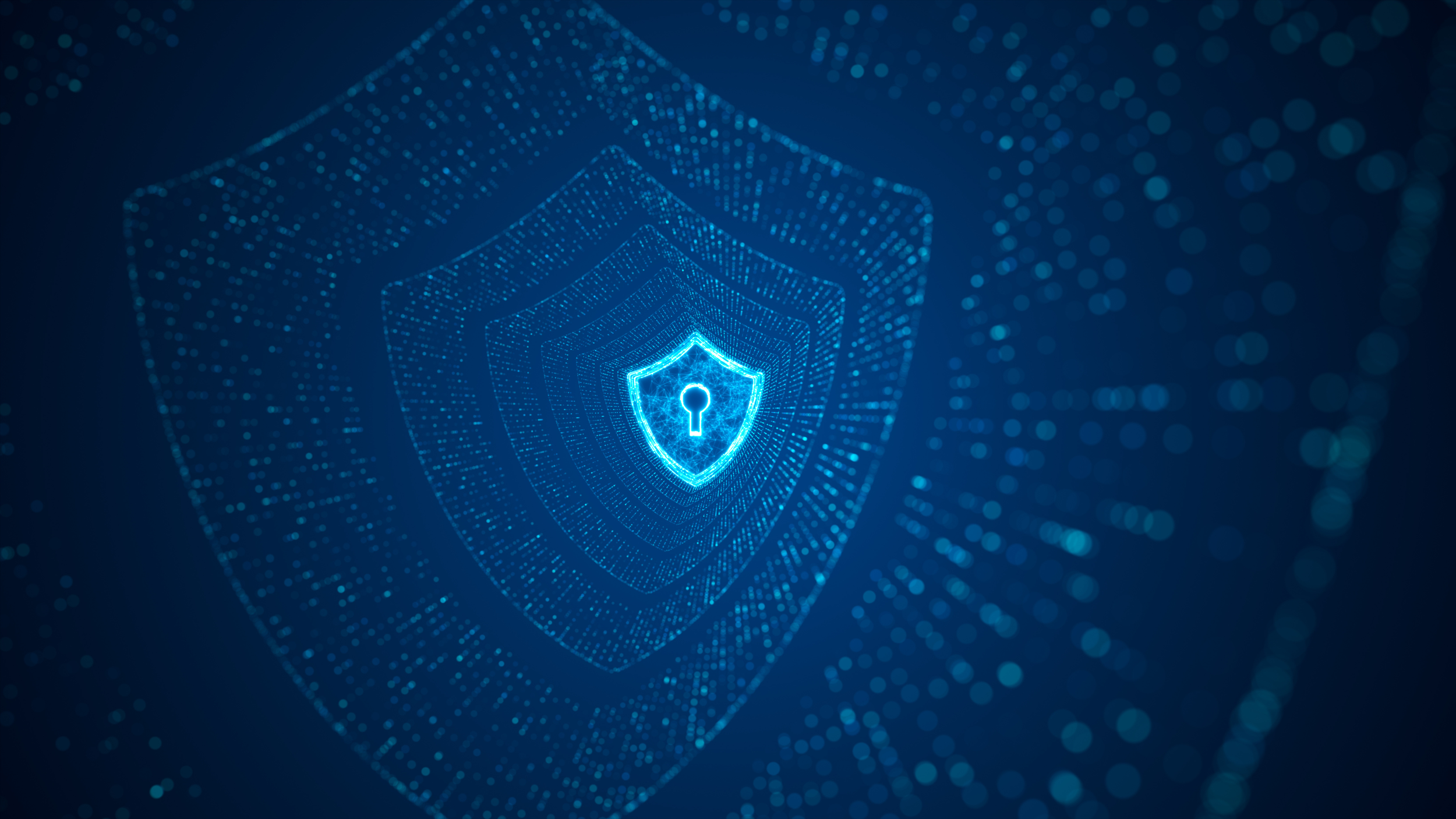 Digital illustration of a glowing shield with a keyhole in the center, surrounded by multiple layers of dots and lines representing cybersecurity or digital protection.