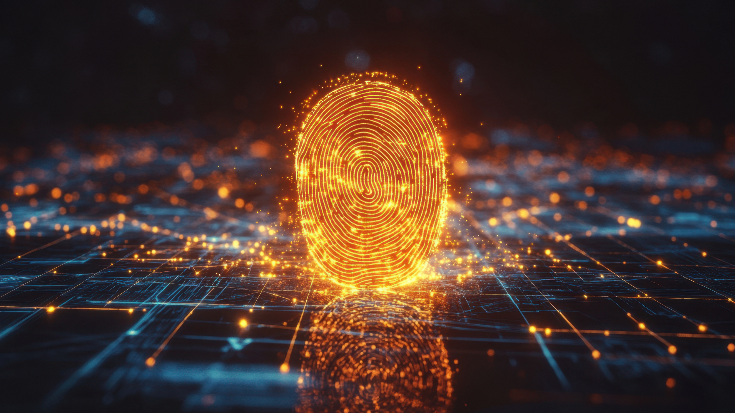 A glowing digital fingerprint surrounded by light particles, reflected on a futuristic grid surface.