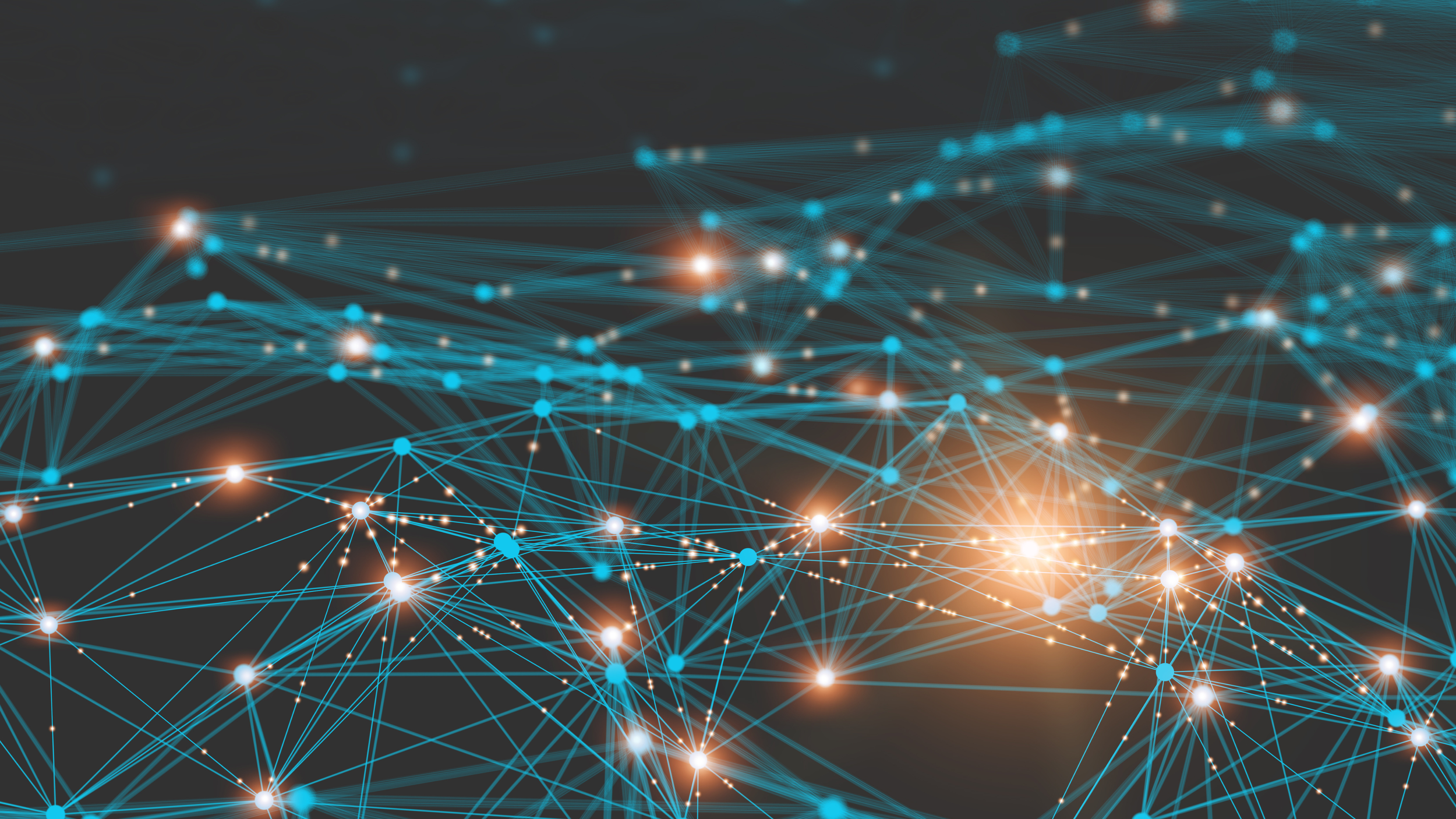 A digital network visualization with interconnected blue lines and dots, featuring bright glowing nodes against a dark background.