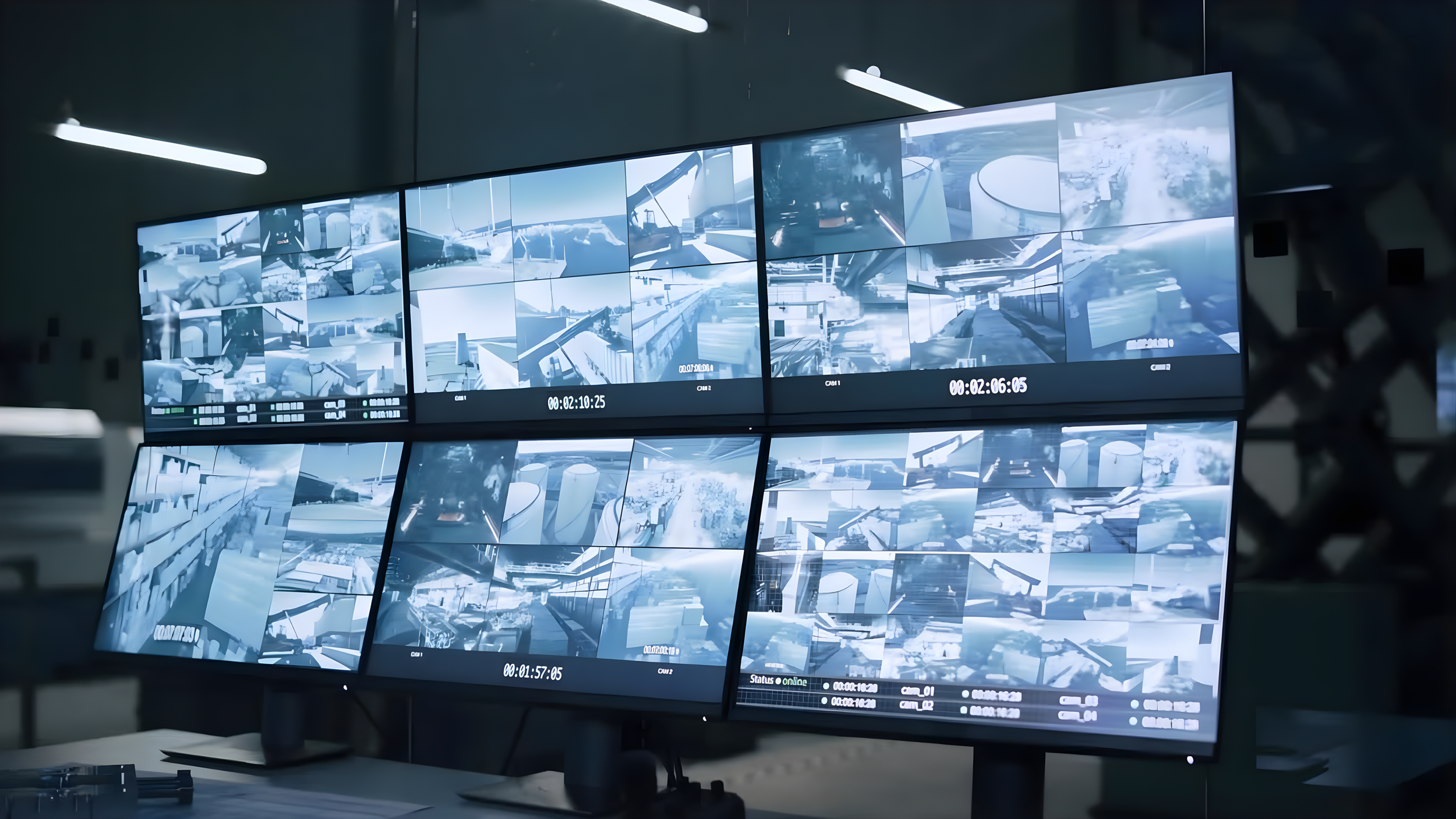 Multiple monitors displaying security footage of an outdoor industrial or construction site with cranes and buildings.