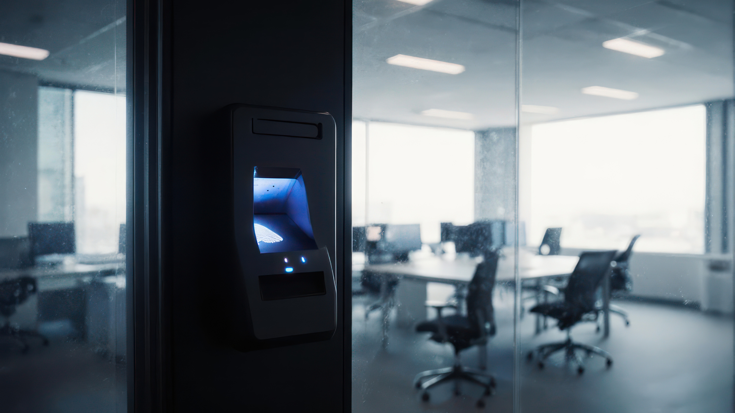 Empty conference room with glass walls, a row of office chairs around a table, and an ATM or kiosk with illuminated blue screen in the foreground.