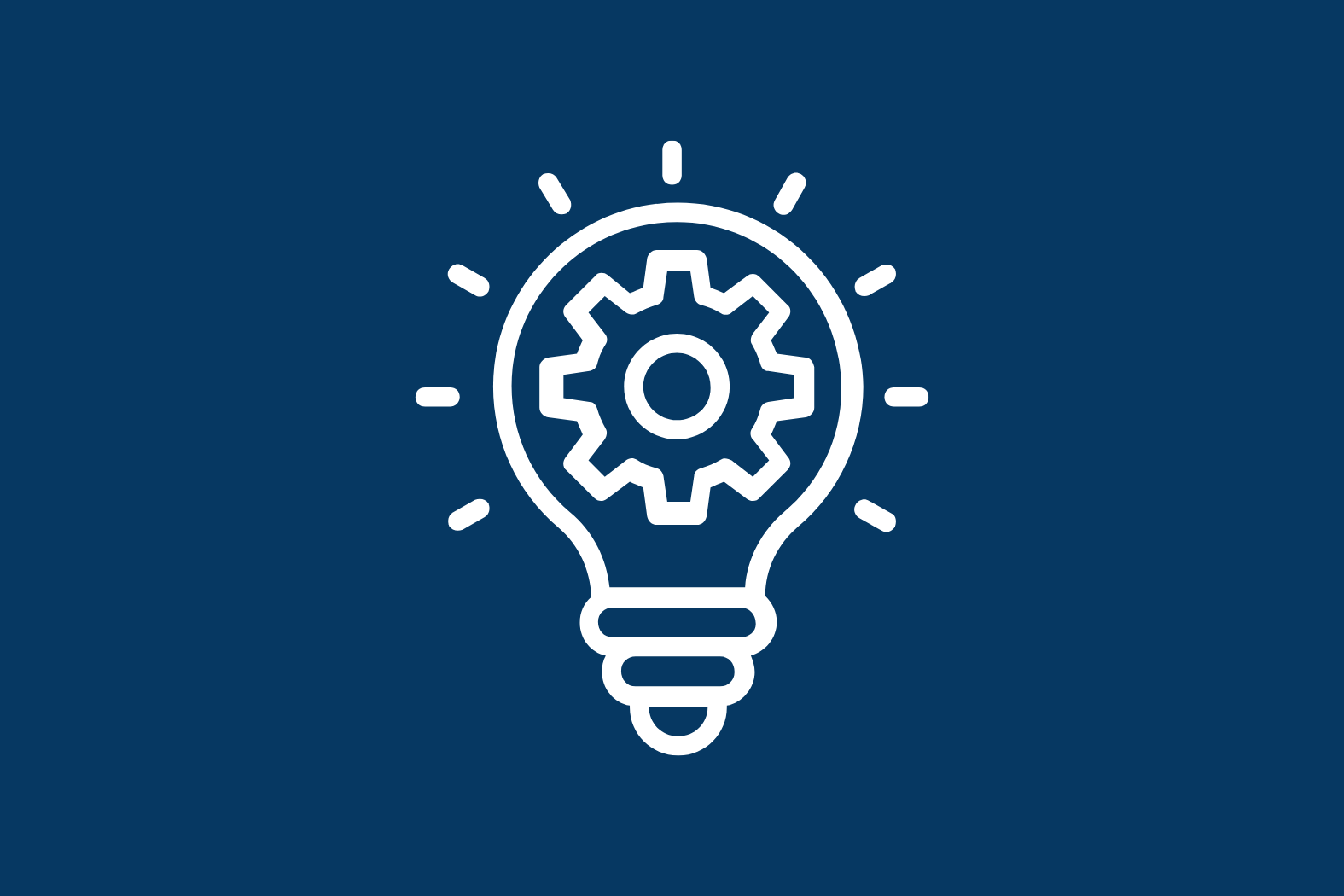 Line drawing of a lightbulb with a gear inside it on a dark blue background.