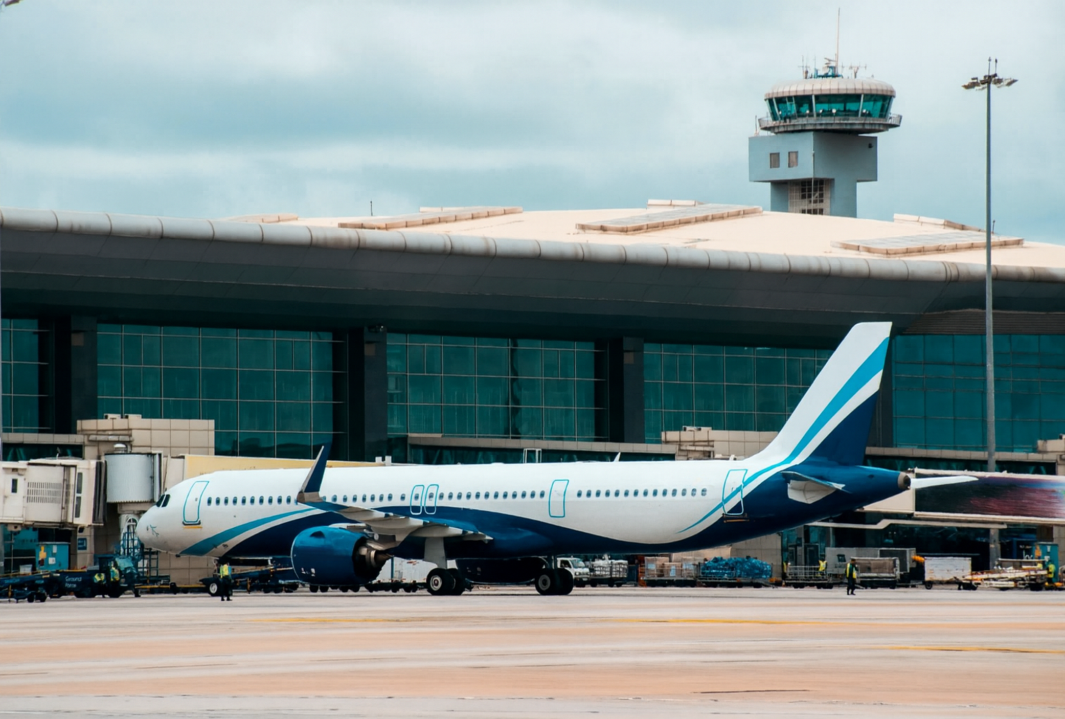 An airplane parked at an airport gate near a modern terminal building with an air traffic control tower in the background.