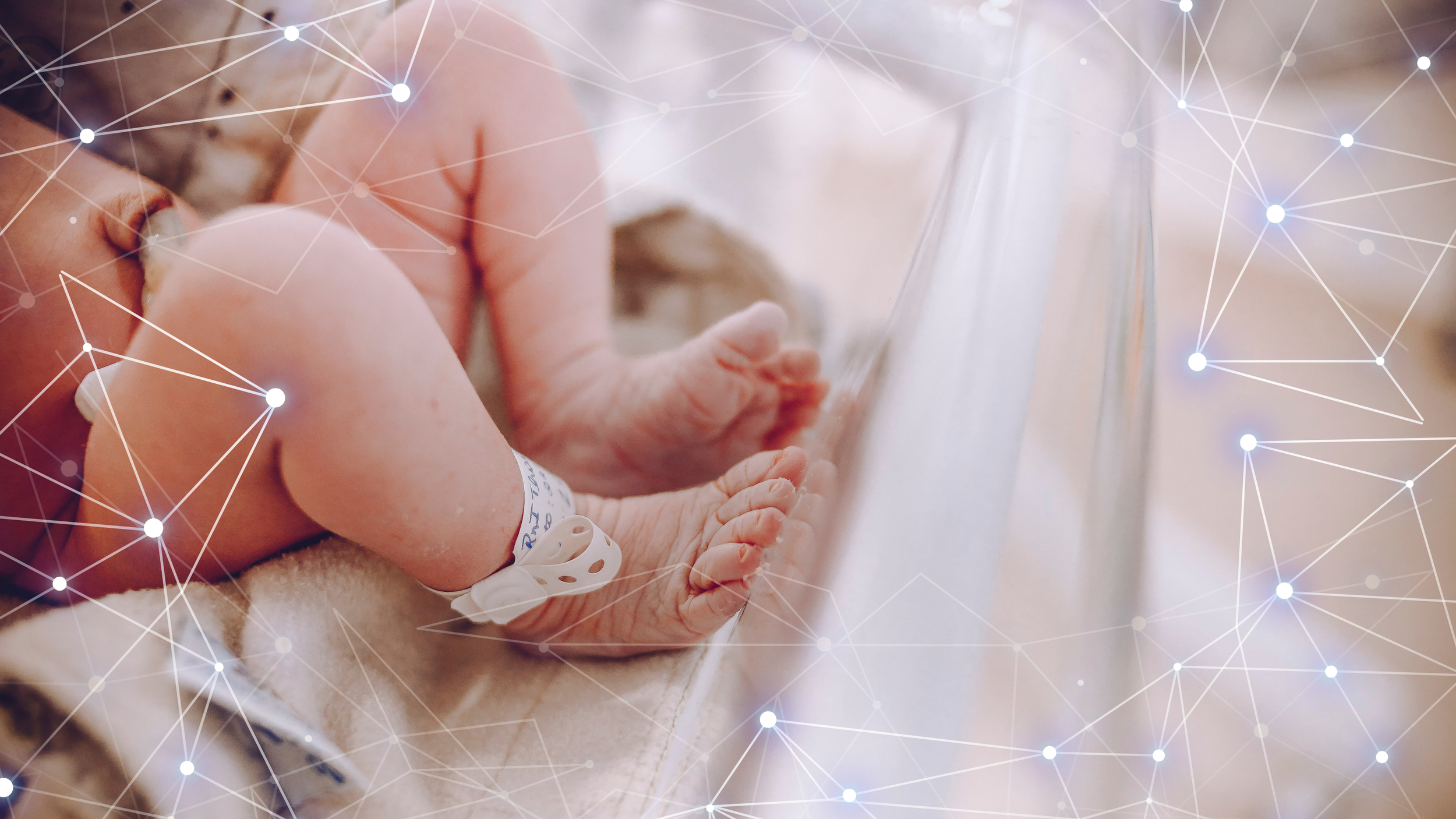 Close-up of a newborn baby with a hospital identification bracelet, lying on a blanket in a hospital setting, with a glowing network overlay.