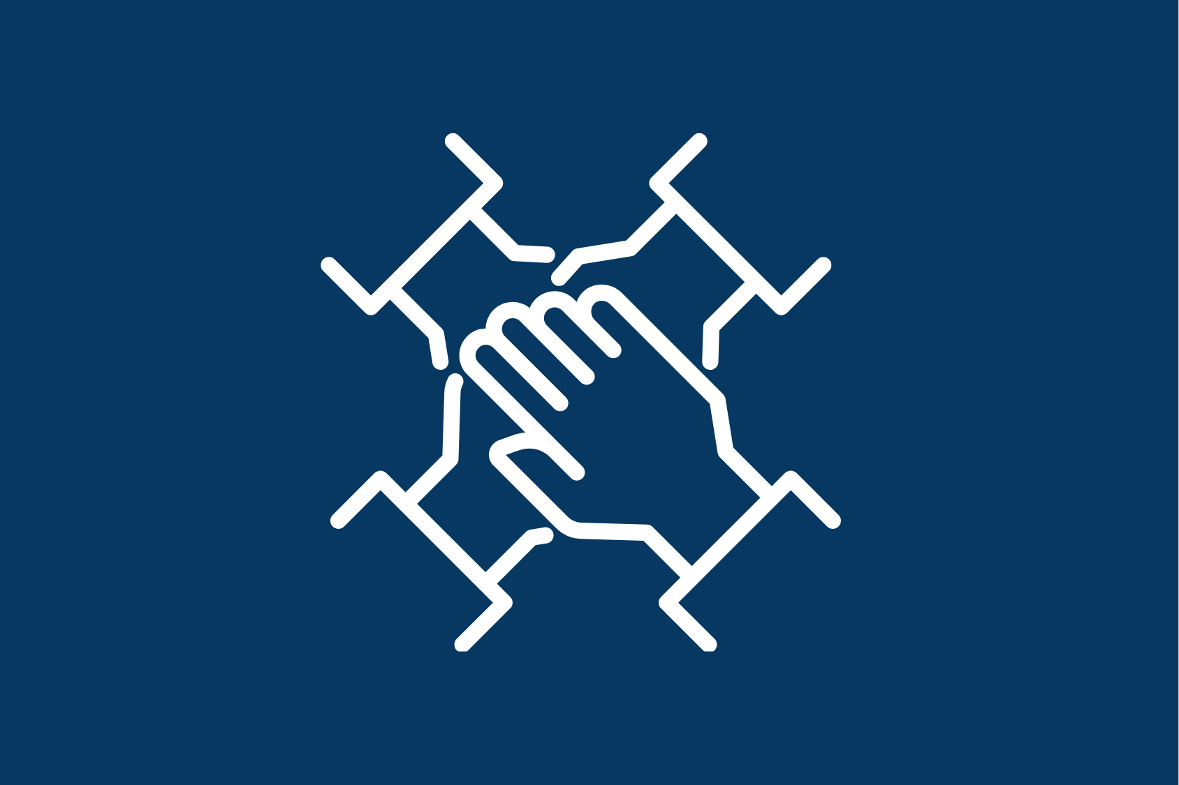 Icon of four white hands overlapping in a square formation on a blue background.