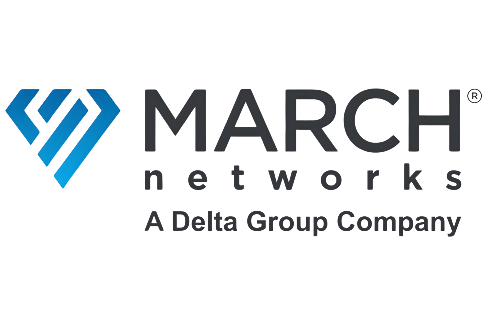 Logo of March Networks, a Delta Group Company, with stylized three-layered 'M' in blue and pink on the left and the text 'MARCH networks A Delta Group Company'