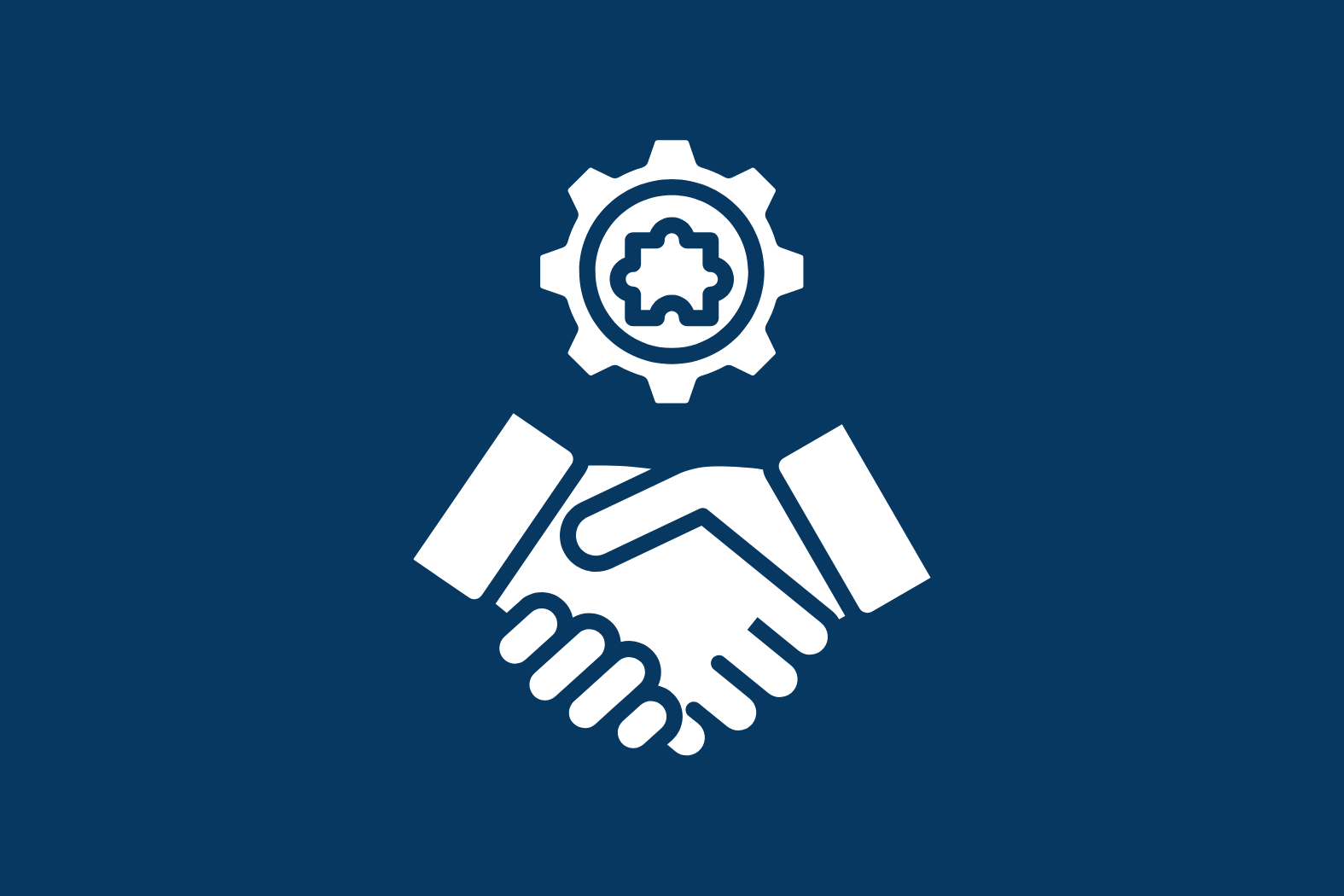 Icon of two hands shaking with a gear and a network symbol above them, representing partnership or collaboration.
