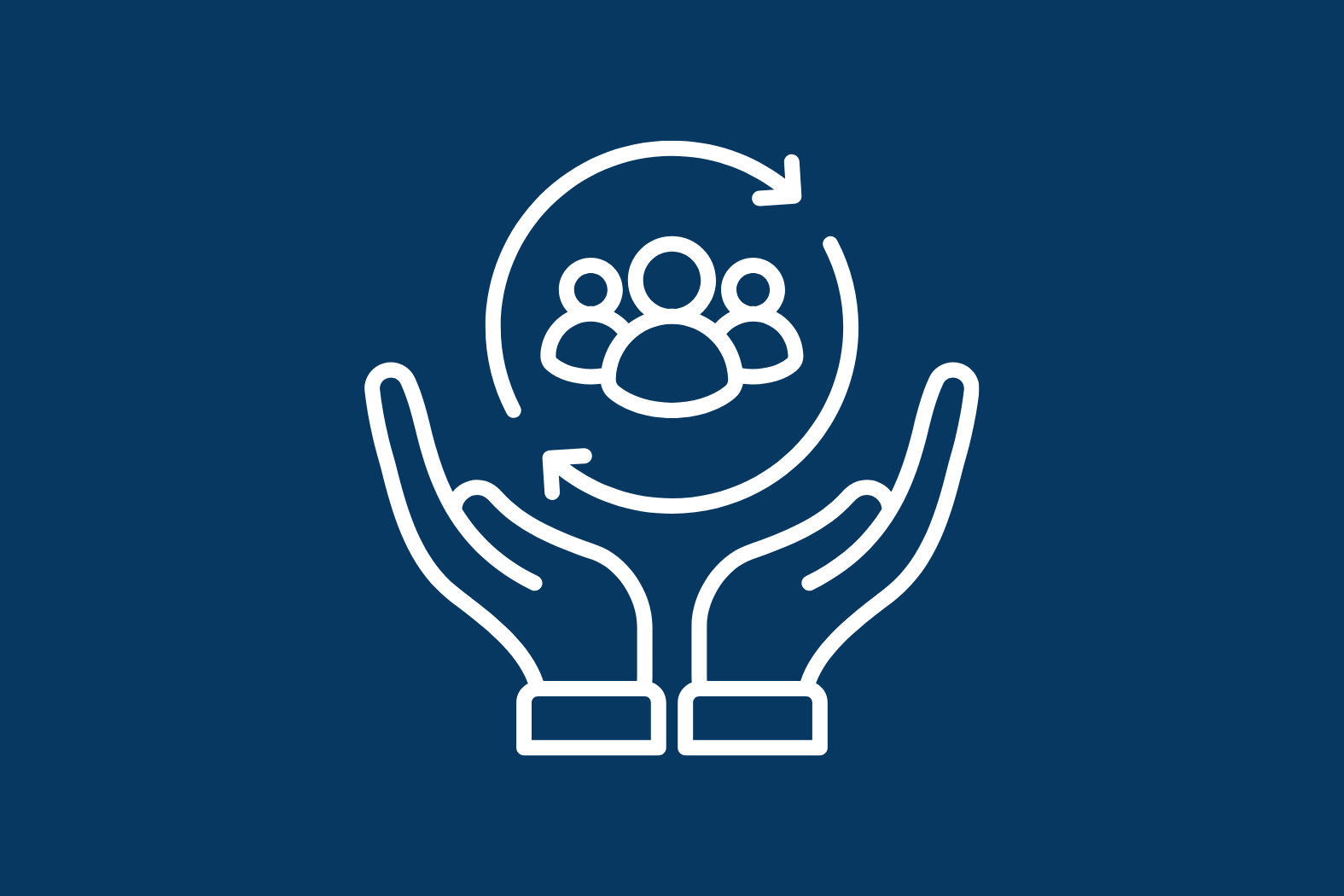 Icon of two hands holding a circle with a group of five people inside, representing teamwork or support.