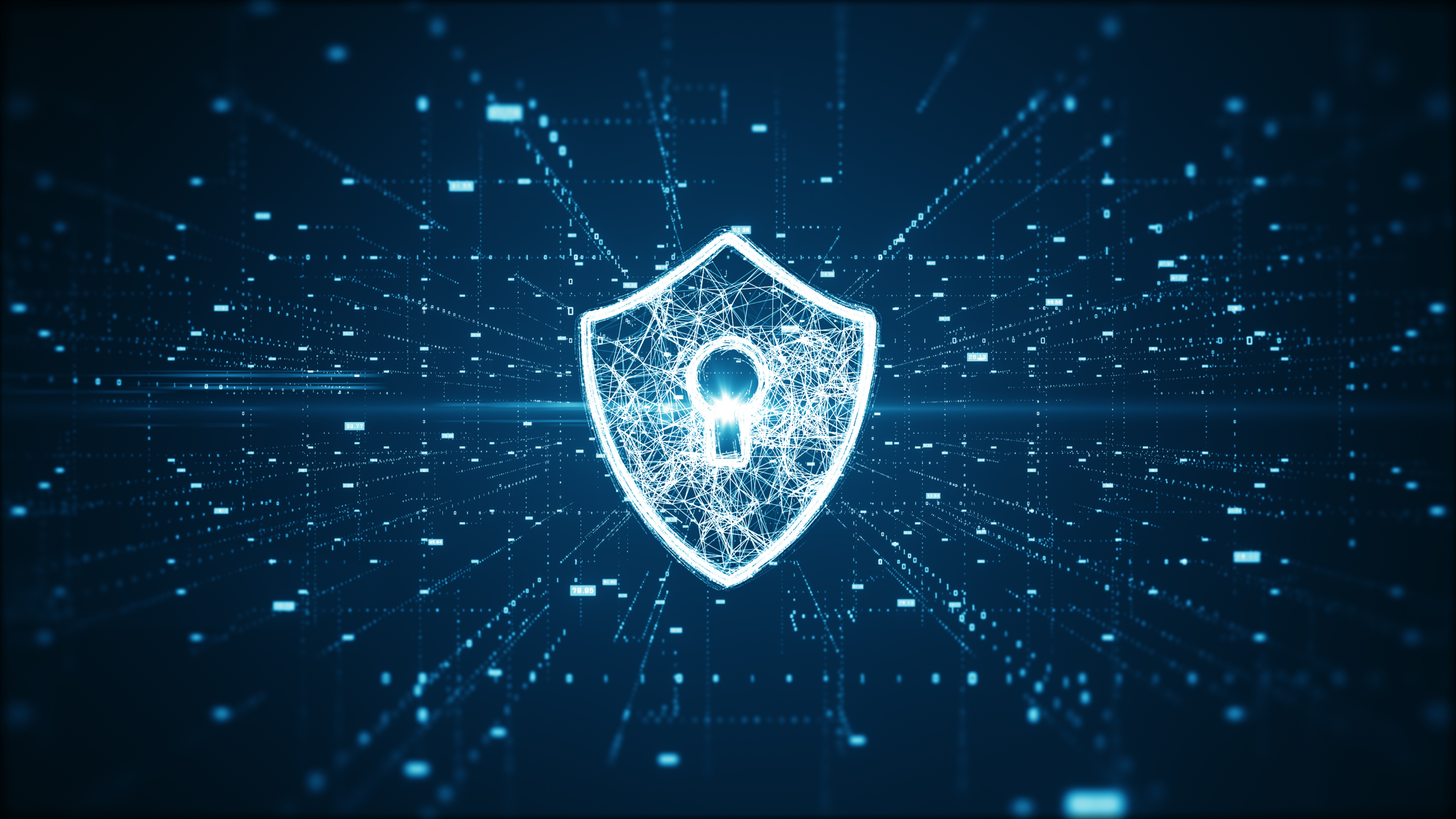 Digital illustration of a shield with a keyhole surrounded by a network of interconnected lines and glowing dots, symbolizing cybersecurity and data protection.