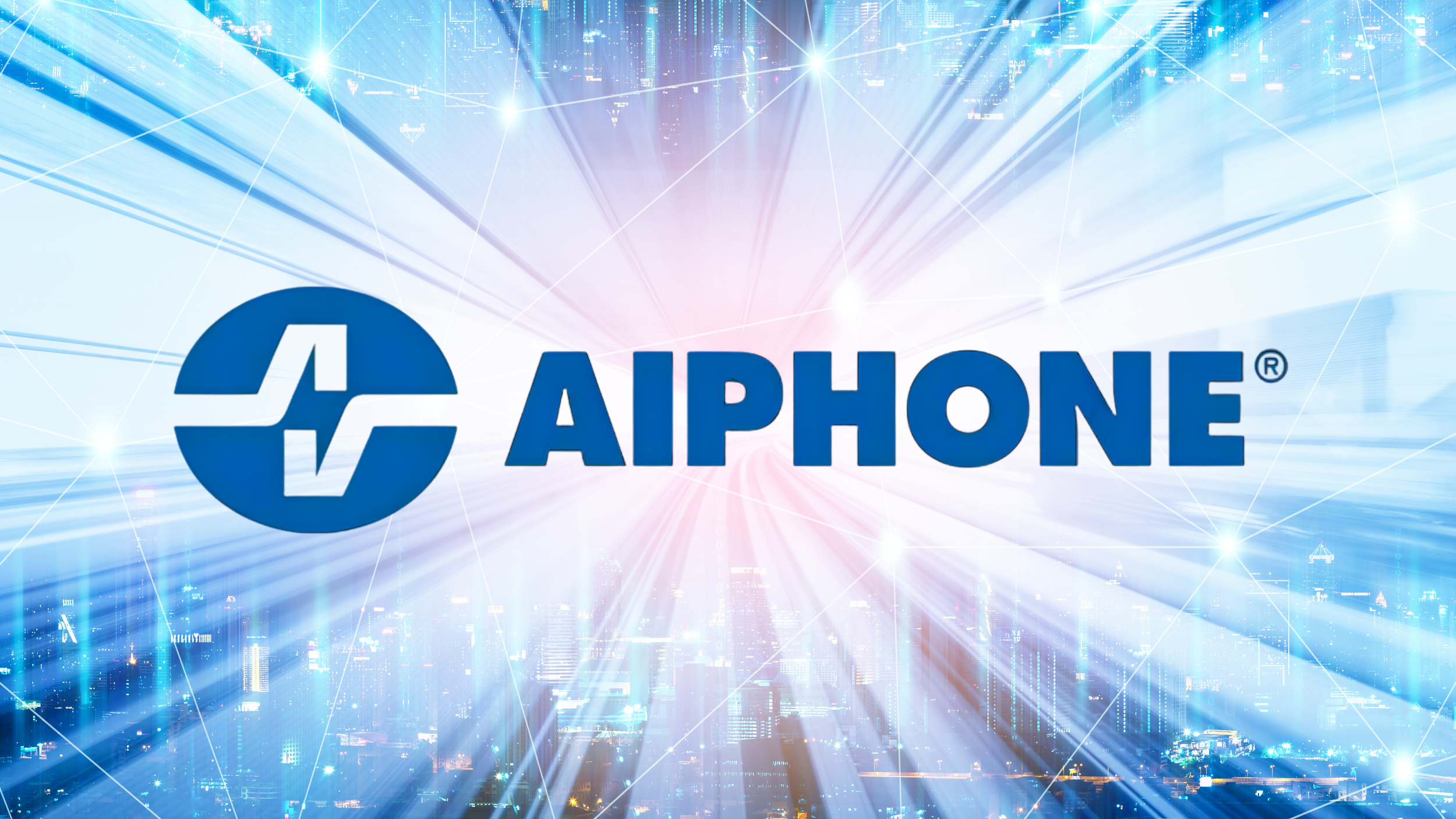Futuristic digital cityscape background with AIPHONE logo in the foreground, featuring a blue circular symbol with a pulse line, and the brand name "AIPHONE" in bold blue letters.