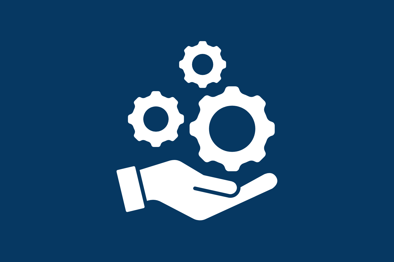 A graphic of a white hand holding three interconnected gears on a dark blue background, symbolizing system management or technical support.