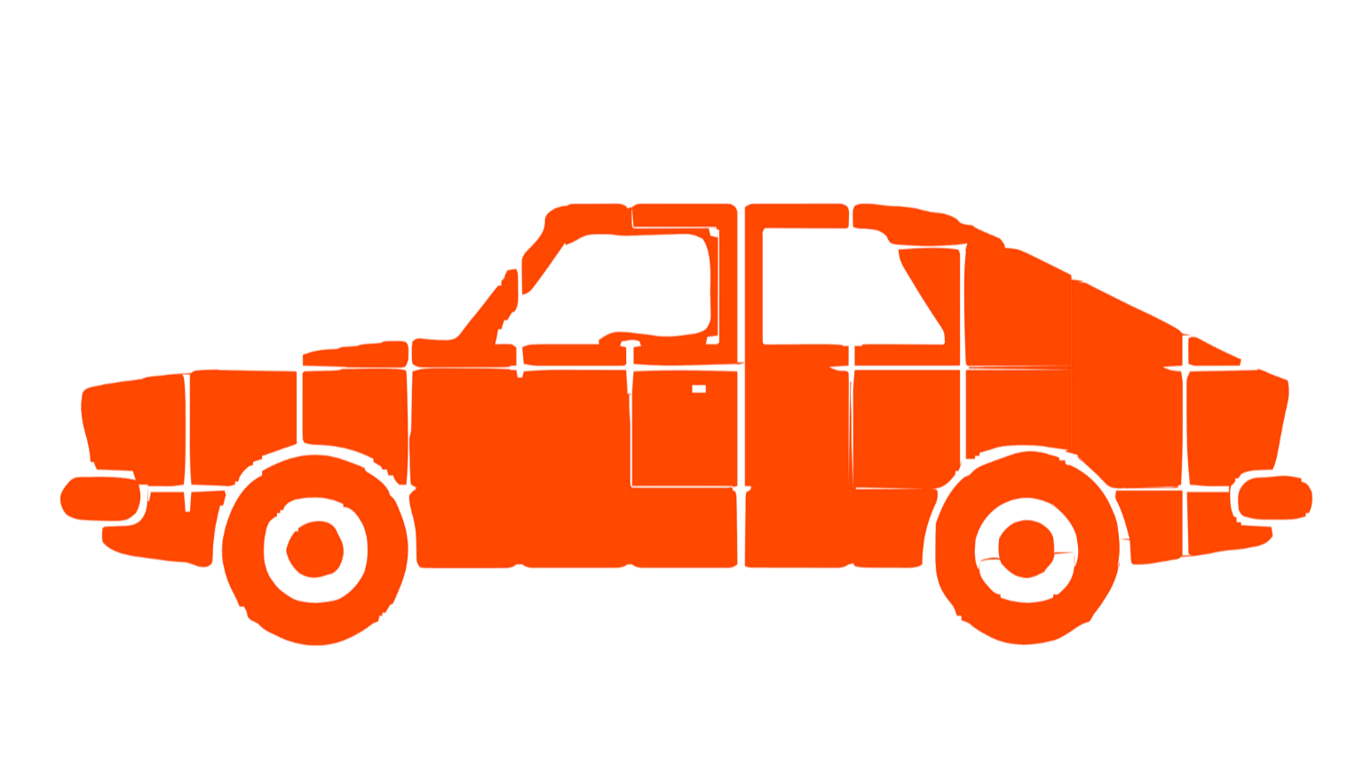 Outline of a vintage car with orange coloring, segmented into panels, on a black background.