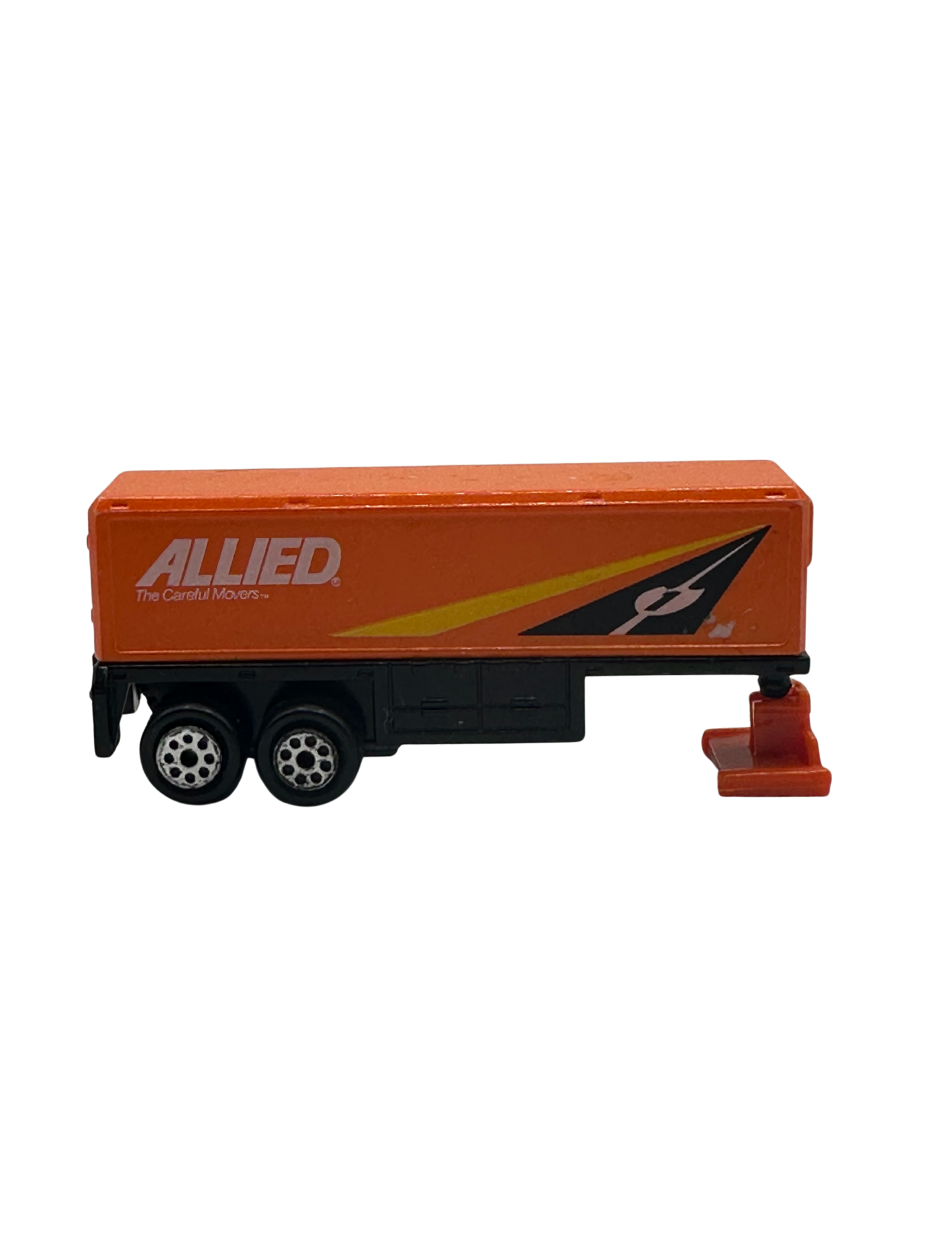 Toy truck replica with orange container labeled 'Allied,' black chassis, two wheels on each side, and a small orange barrier in front.