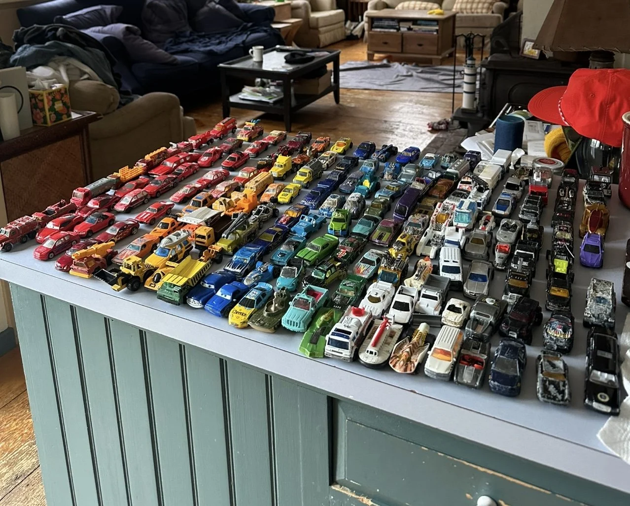 A large collection of toy cars arranged in rows on a table in a living room.