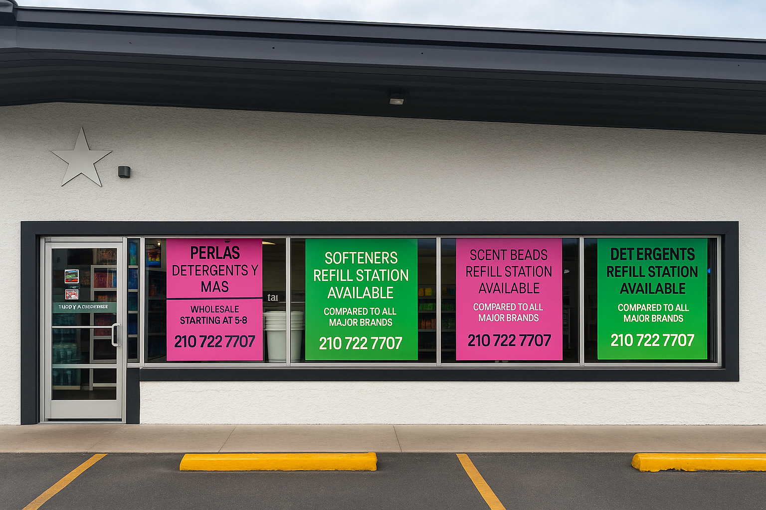 Store front with four signs advertising refill stations for softeners, scent beads, and detergents, with bright pink and green backgrounds and a parking space in front.