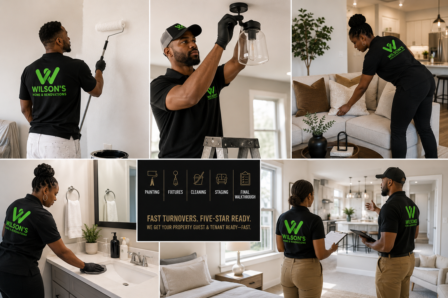 Team members from Wilson's Home & Renovations working on various household renovation tasks, including painting, cleaning, staging, and final walkthroughs in different rooms of a house.