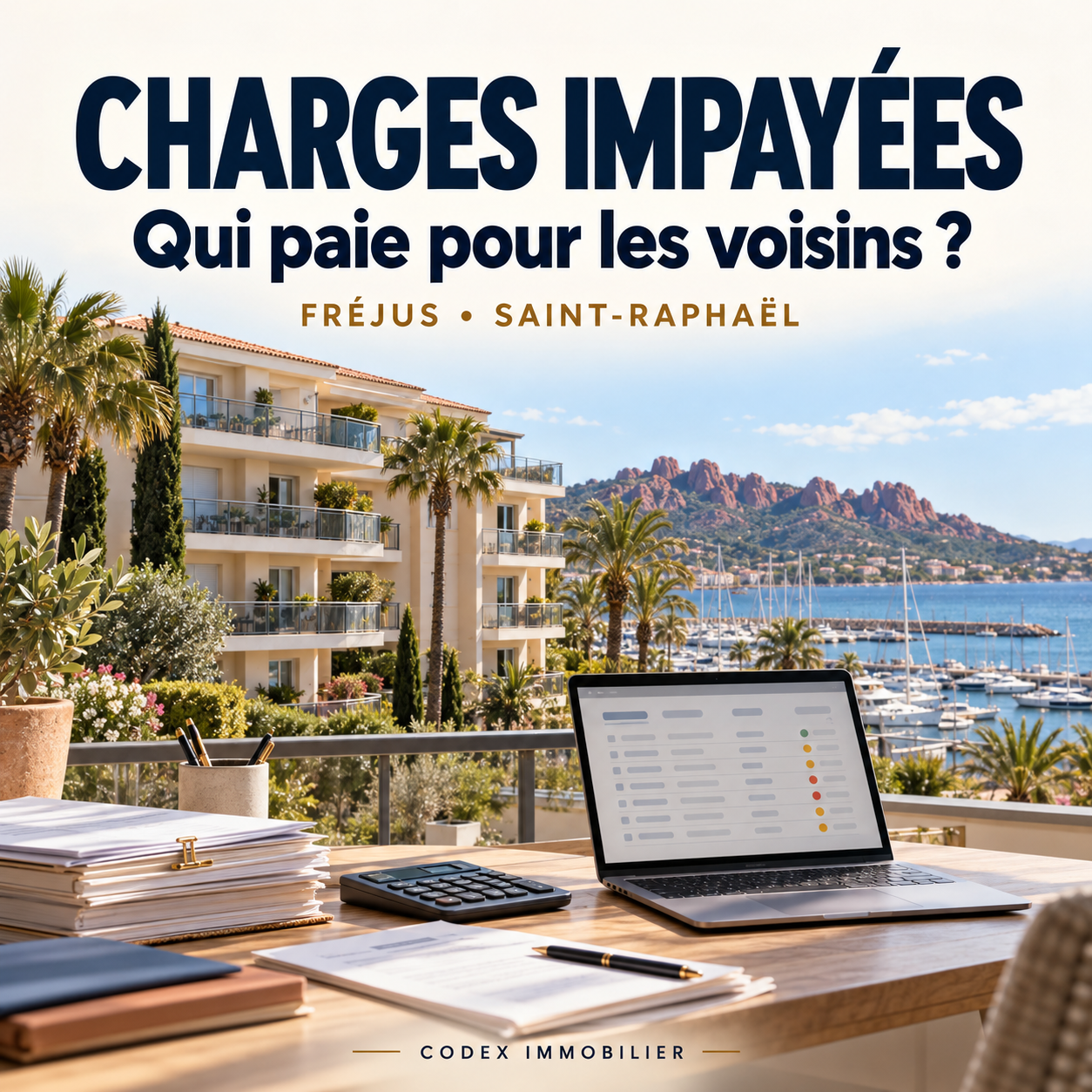 Illustration des charges impayées à Fréjus et Saint-Raphaël : copropriété méditerranéenne et outil de suivi des règlements.