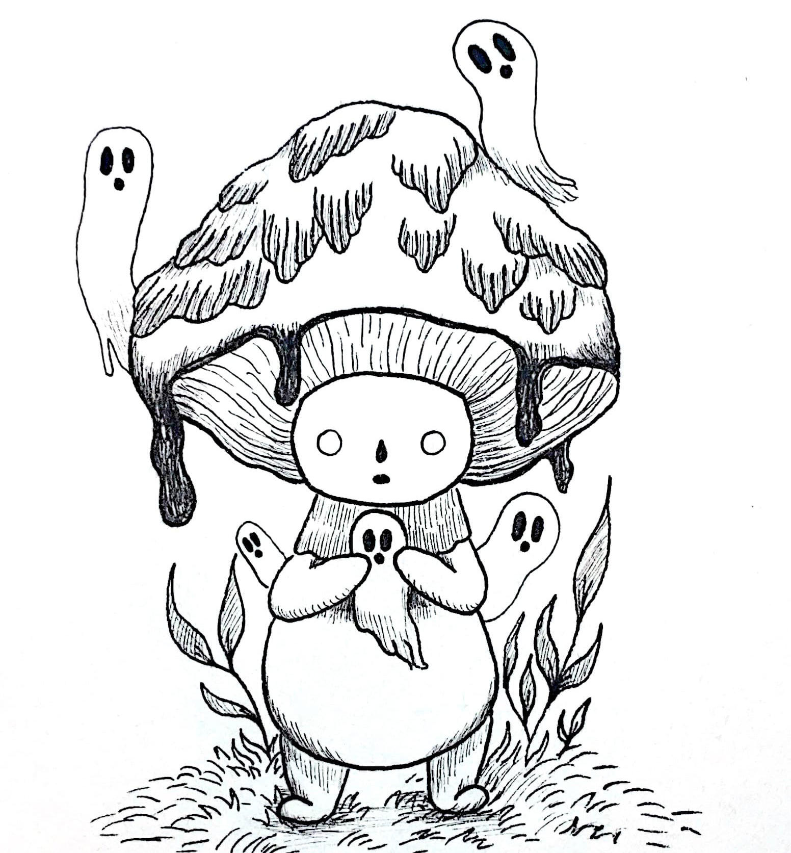 A cartoon character resembling a mouse with a large hat resembling a mushroom cap surrounded by small ghost-like creatures and plants.