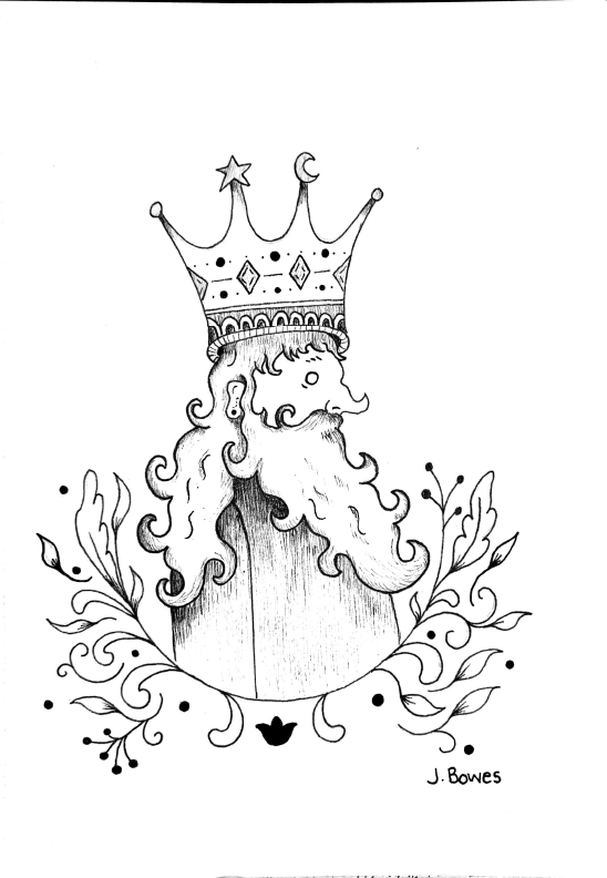 Black and white illustration of a regal man with a long, curly beard and hair, wearing a crown adorned with stars, moon, and diamonds. Surrounding him are decorative floral and swirling patterns. The artist's signature, J. Bowes, is at the bottom rig