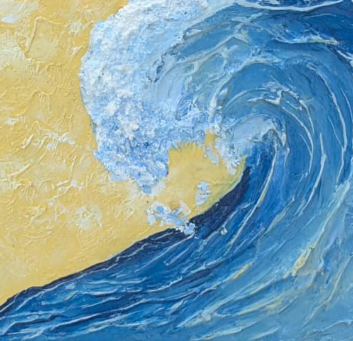 textured painting of a wave on a yellow background