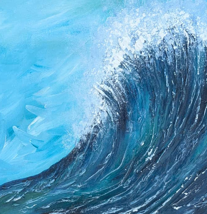 Painting of a large ocean wave crashing with spray and foam