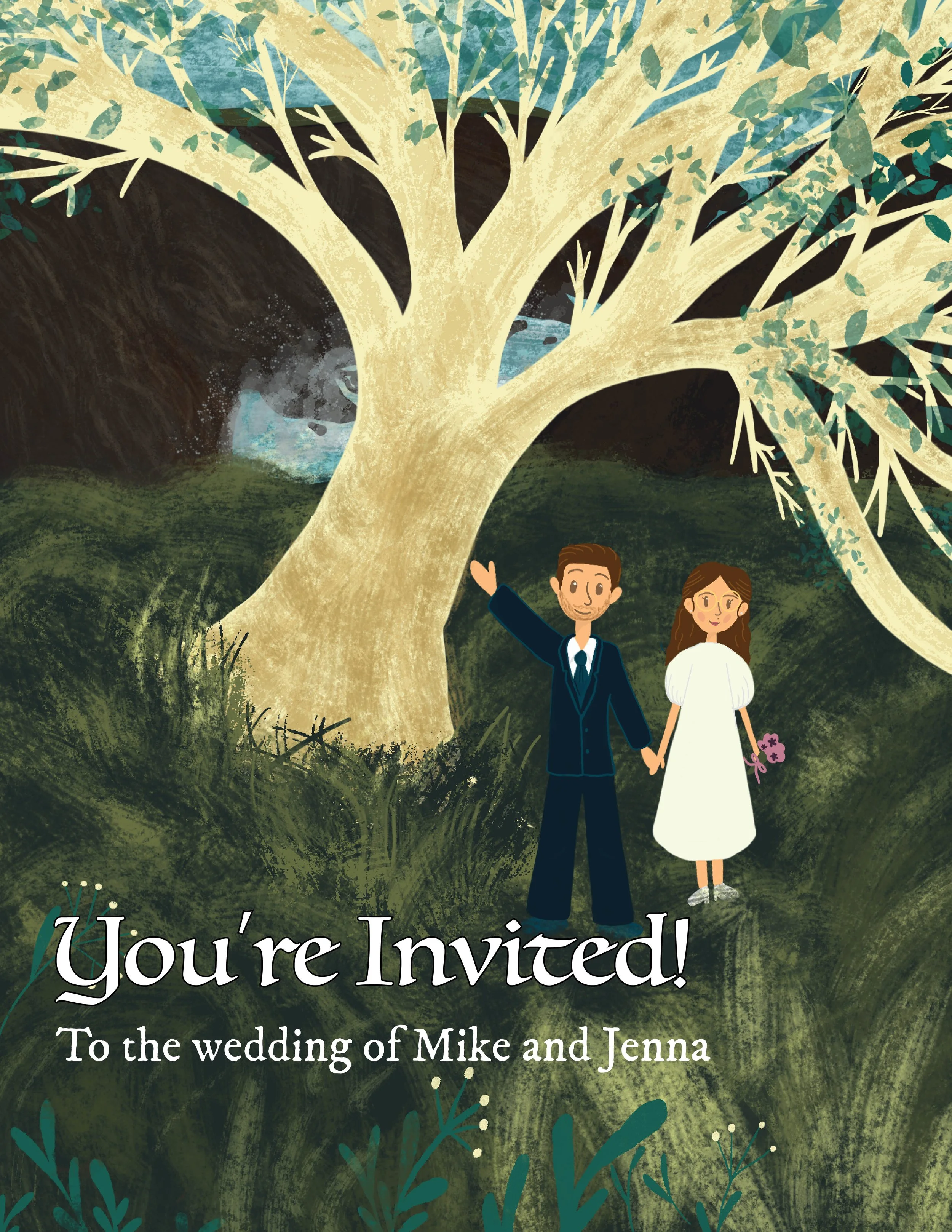 A wedding invitation featuring an illustrated man in a suit and a woman in a white dress holding flowers, standing under a large tree in a lush green landscape.