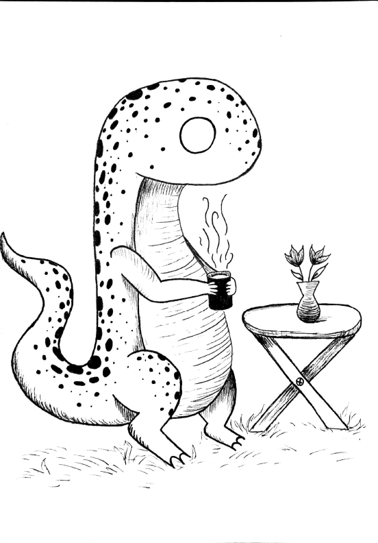 A cartoon dinosaur with spots on its head and tail, holding a steaming cup of coffee or tea, sitting next to a small table with a potted plant on it.