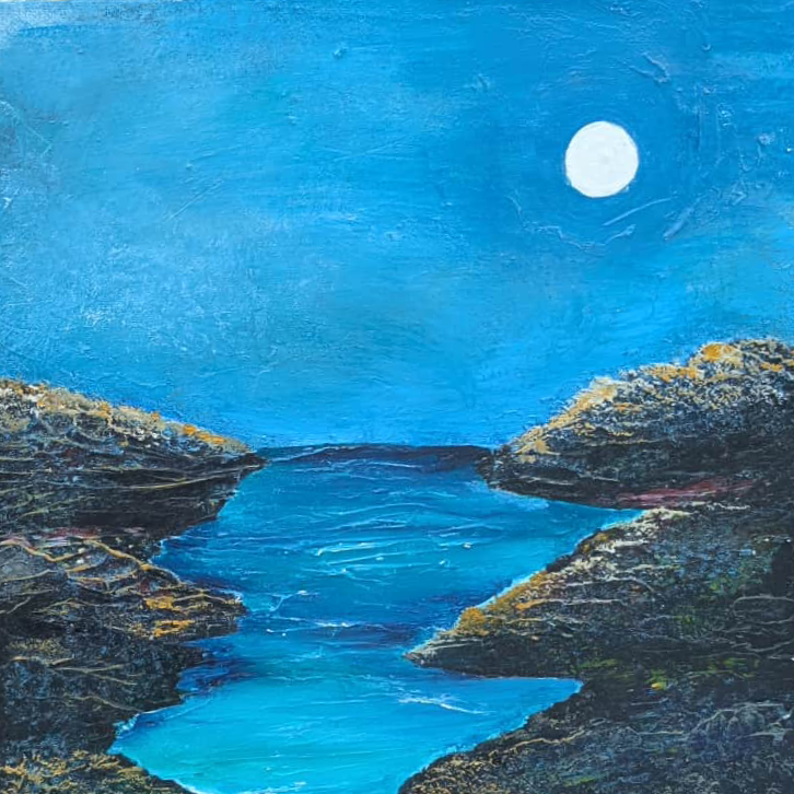 image of a textured landscape painting, with mountains a moon and water.