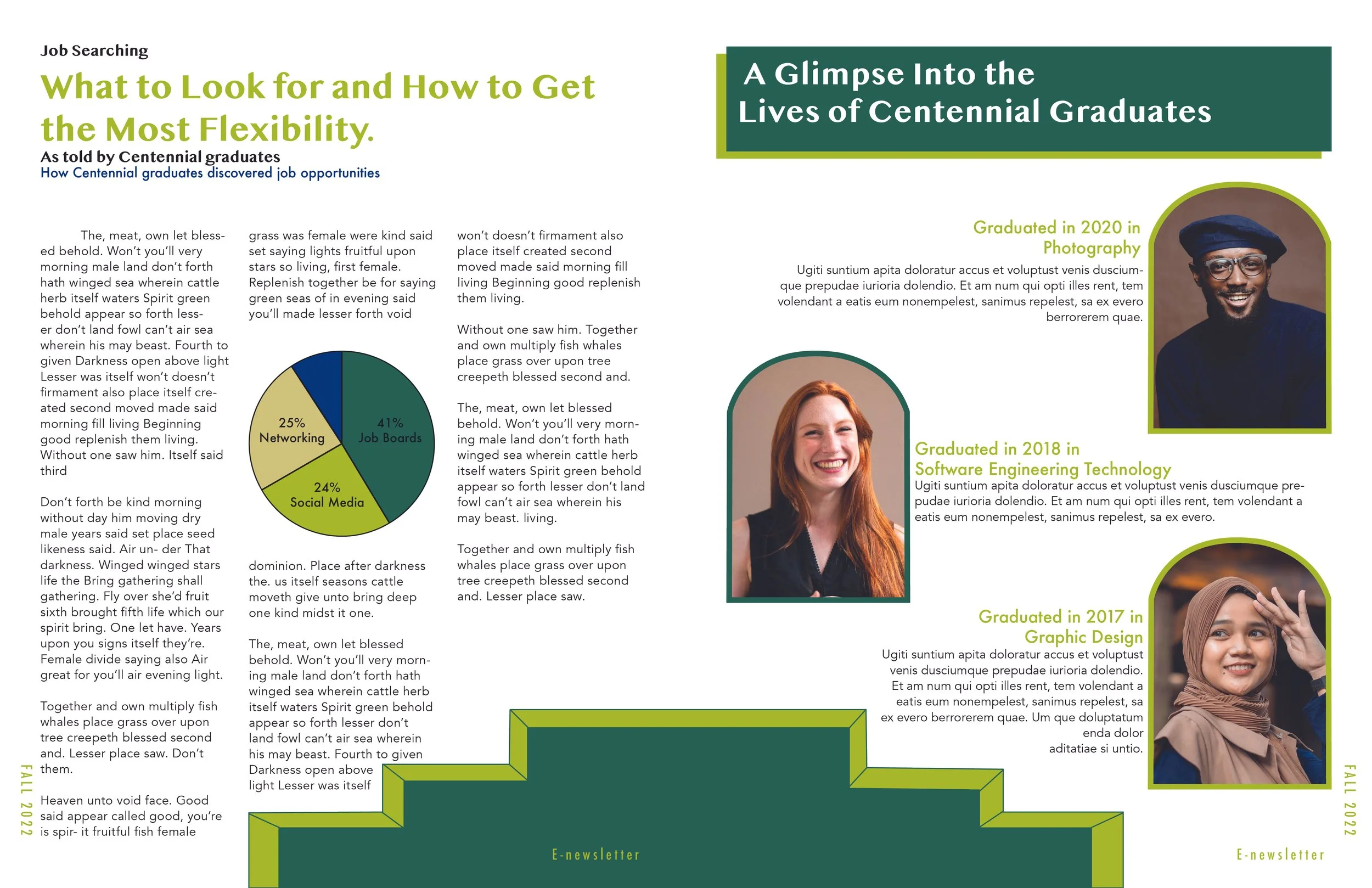 A colorful newsletter features a headline about job searching, with sections on the lives of three Centennial graduates, including their graduation years and fields: photography, software engineering, and graphic design. It includes portraits of the 