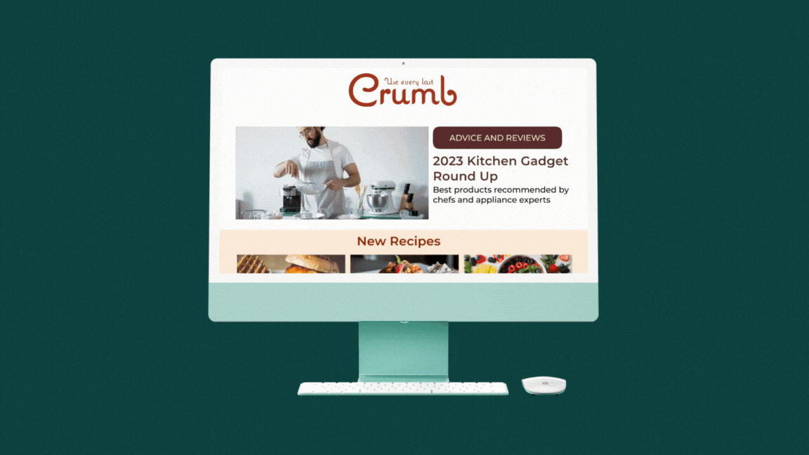 Computer screen displaying a website with the title "We every last Crumb," featuring a chef and kitchen gadgets, with sections for advice, reviews, and new recipes.