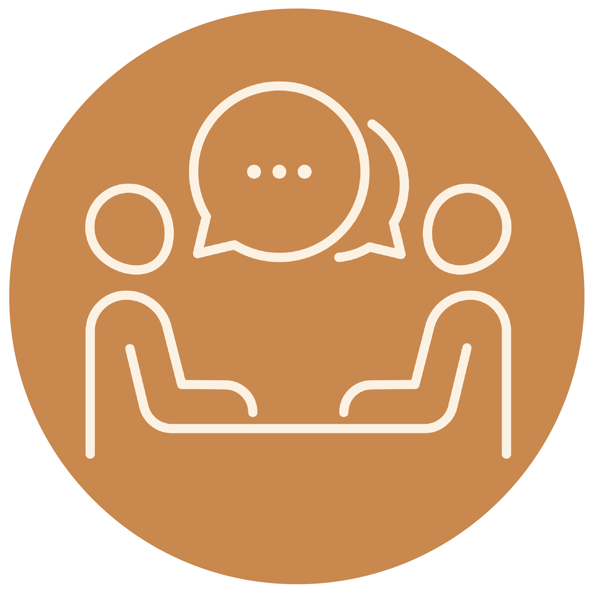 Icon of two people sitting at a table with speech bubbles above their heads, suggesting a conversation or discussion.