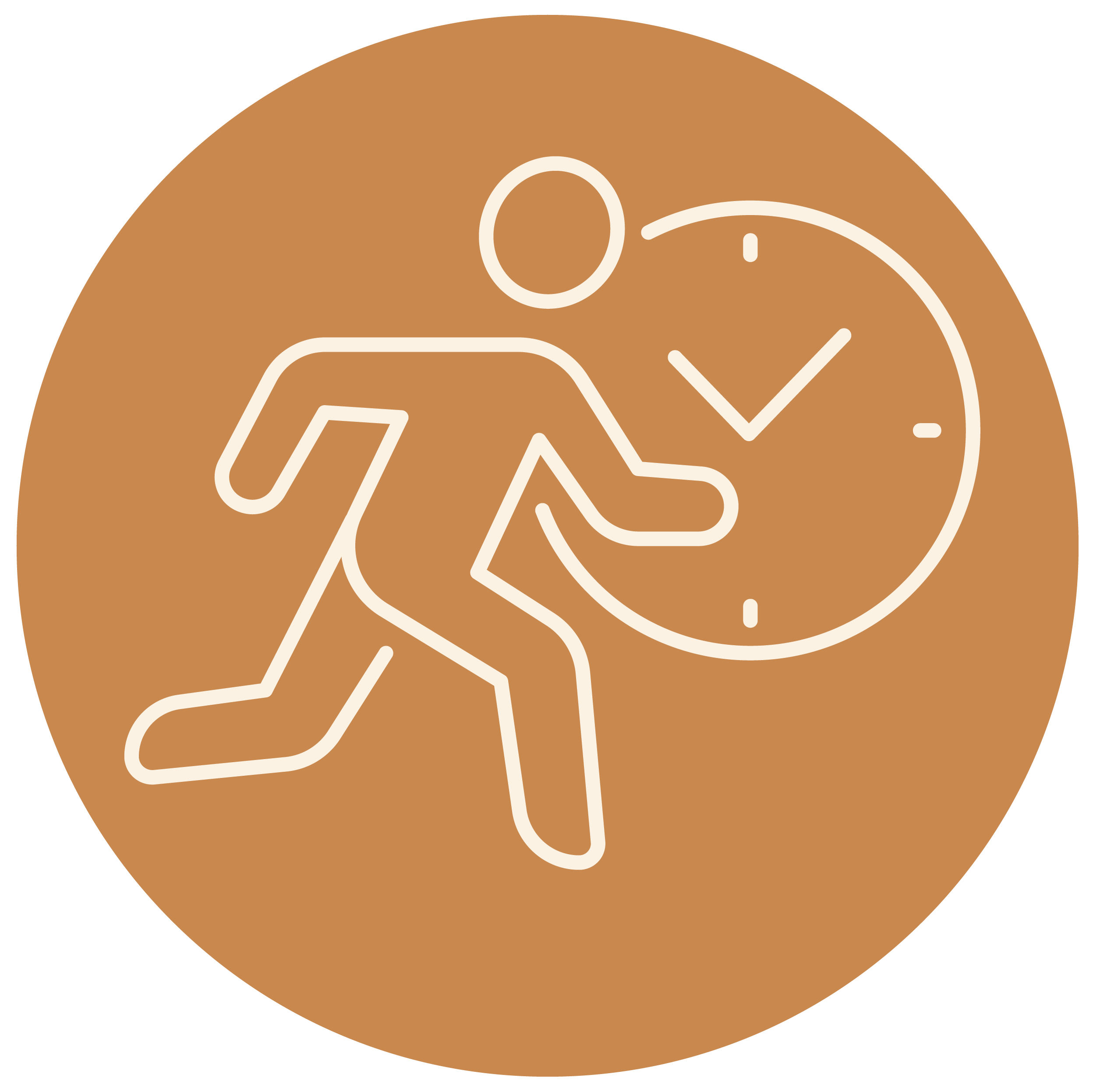 Outline of a person walking towards a clock with a checkmark on its face, representing time management or punctuality.