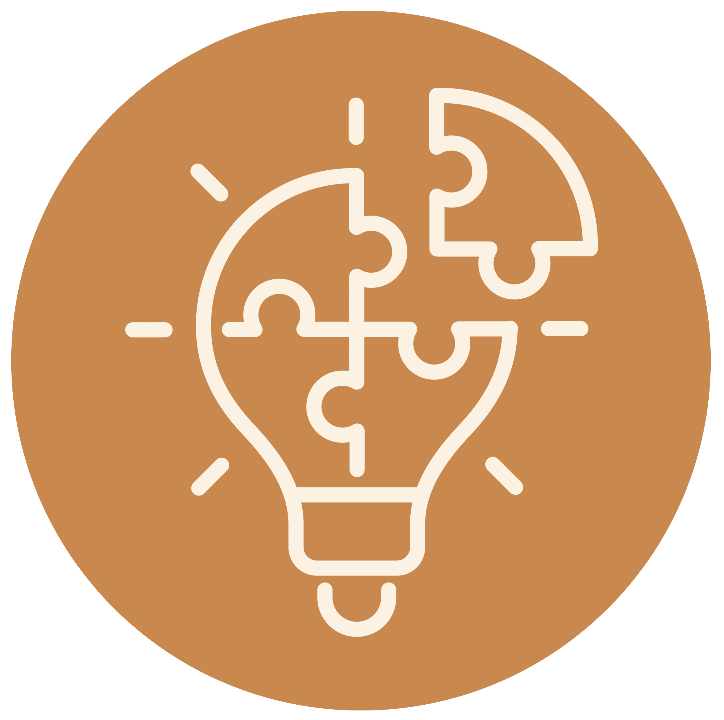 Outline of a light bulb with puzzle pieces inside it, set against a brown circular background.