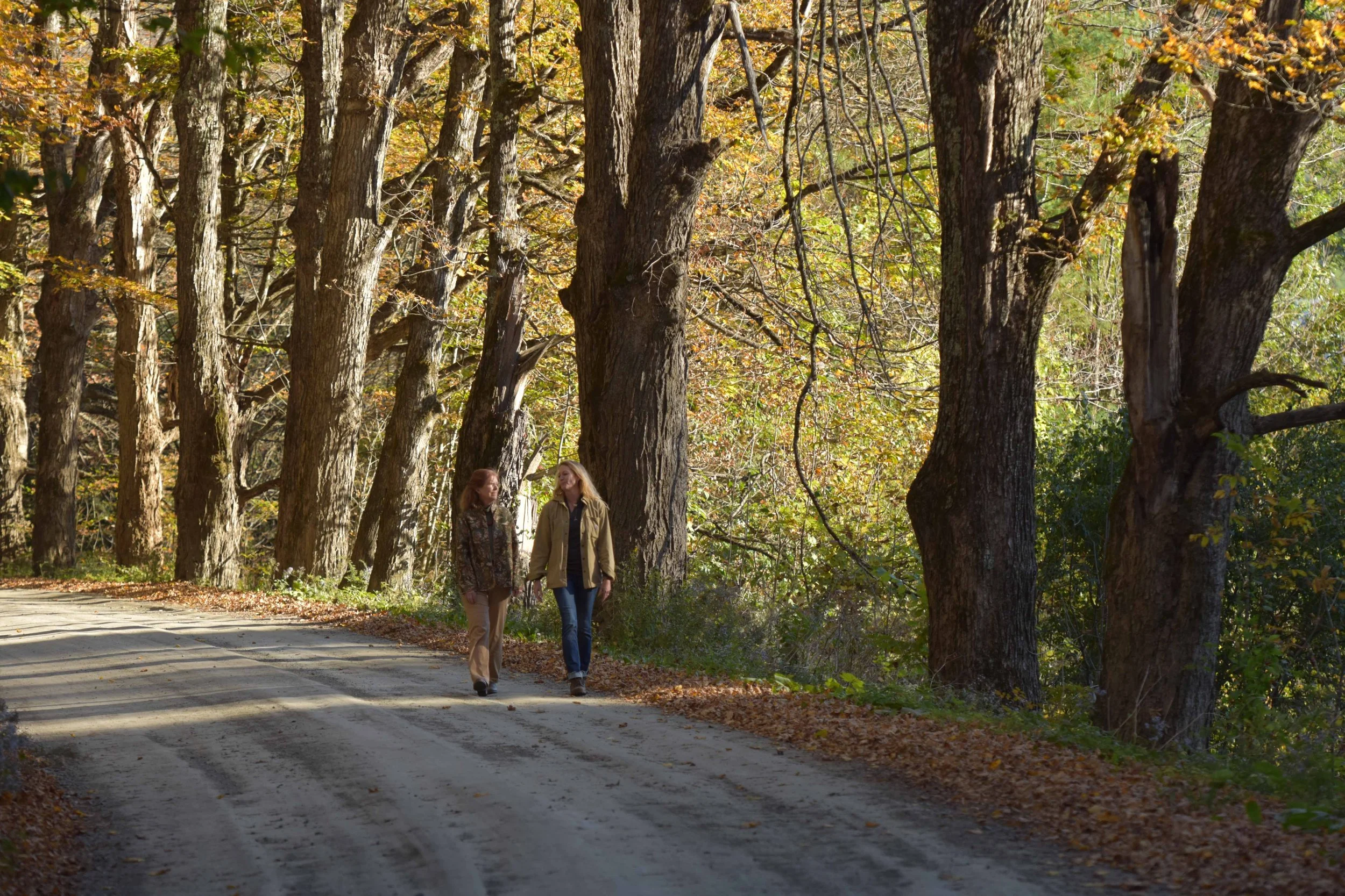 two women walking down dirt road in Vermont fall
