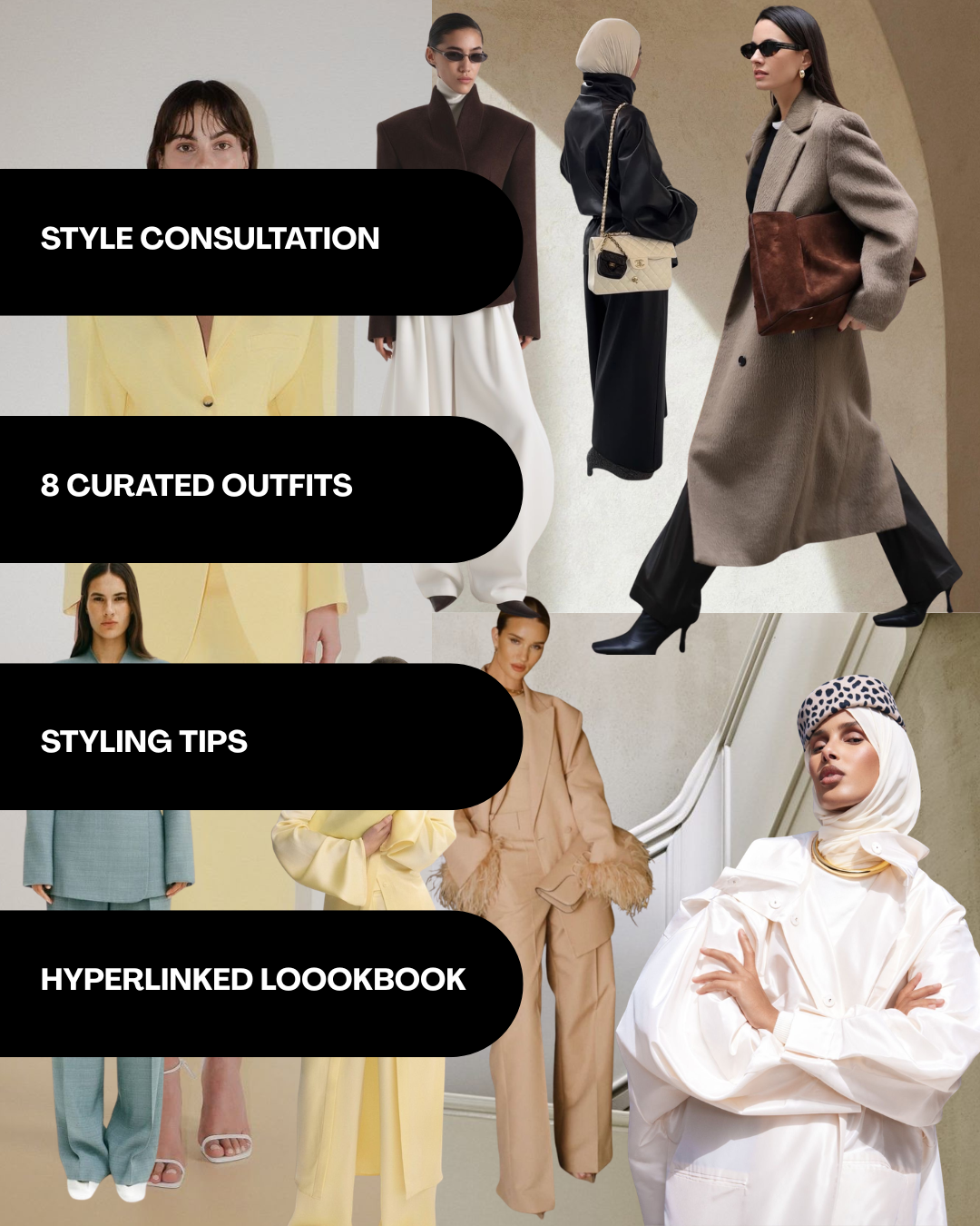 Outfit curation bu a virtual personal stylist for modern women seeking elegant and modest style.