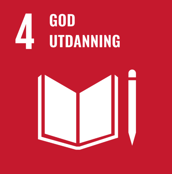 Grafikk som viser nummer 4, teksten "God utdanning", en åpen bok og en penn på rød bakgrunn.