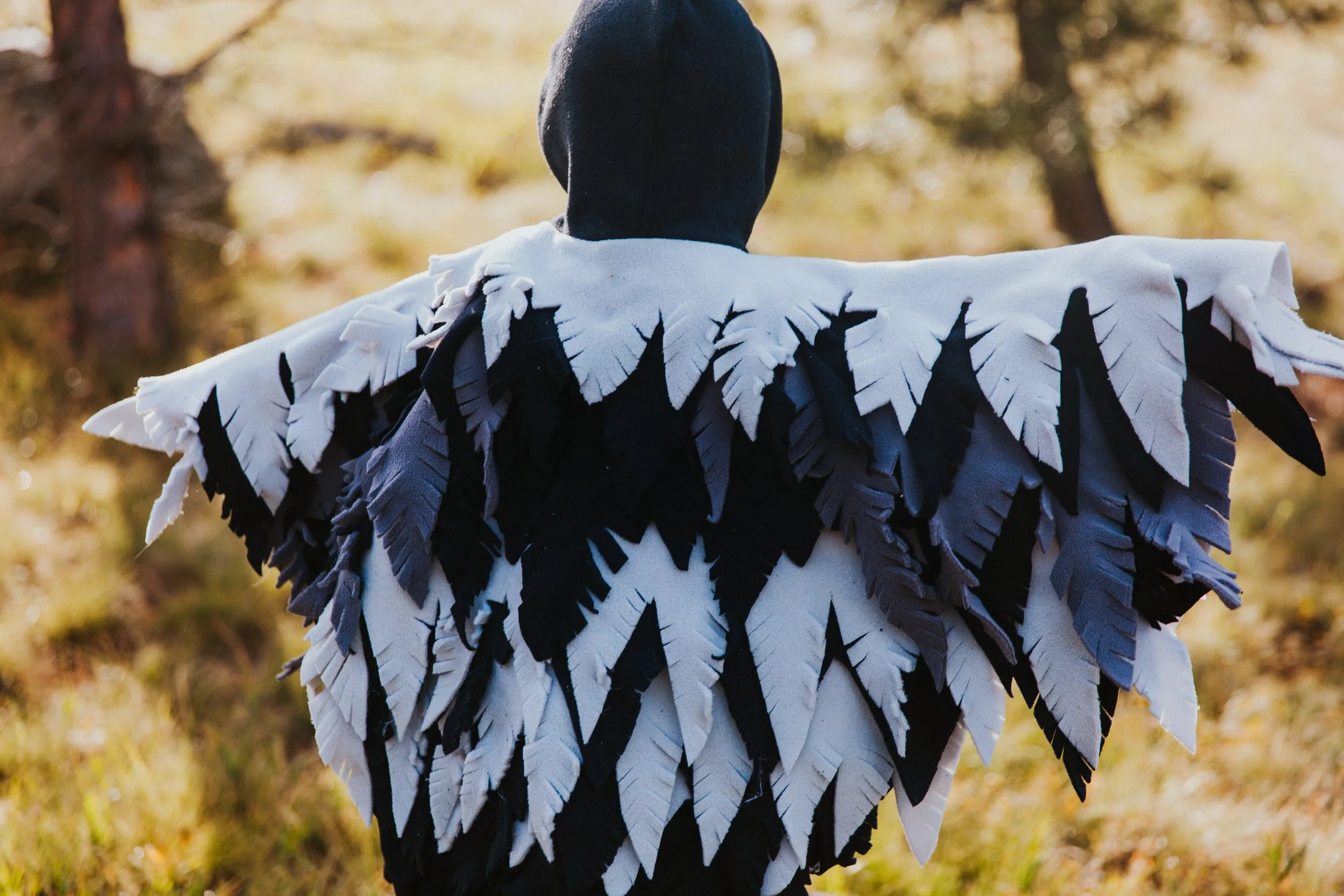 Person wearing a costume with layered black and white feathered wings standing outdoors in a forested area.
