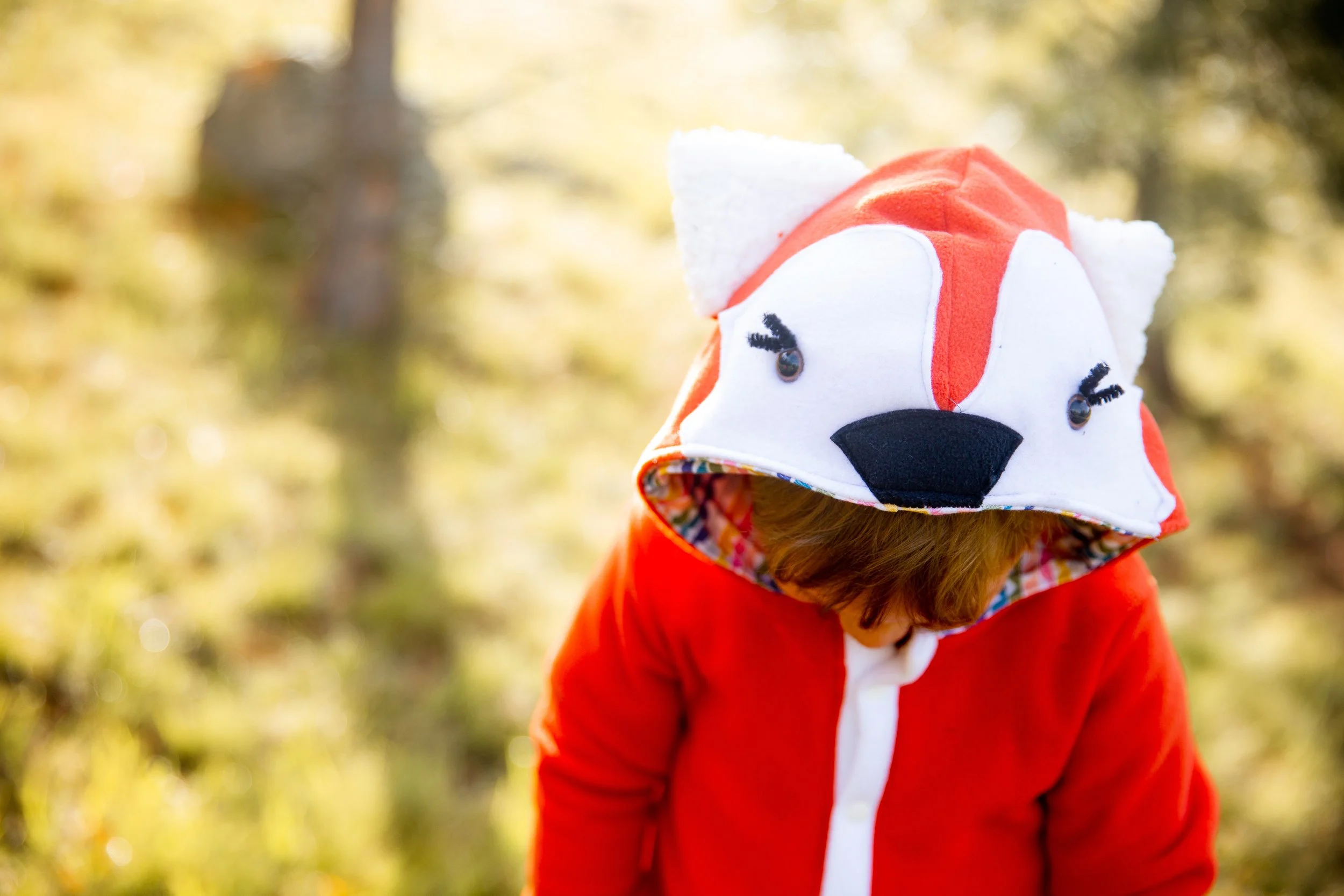 Child wearing a red hoodie with a dog face design on the hood, looking downward outdoors with blurred trees and sunlight in the background.