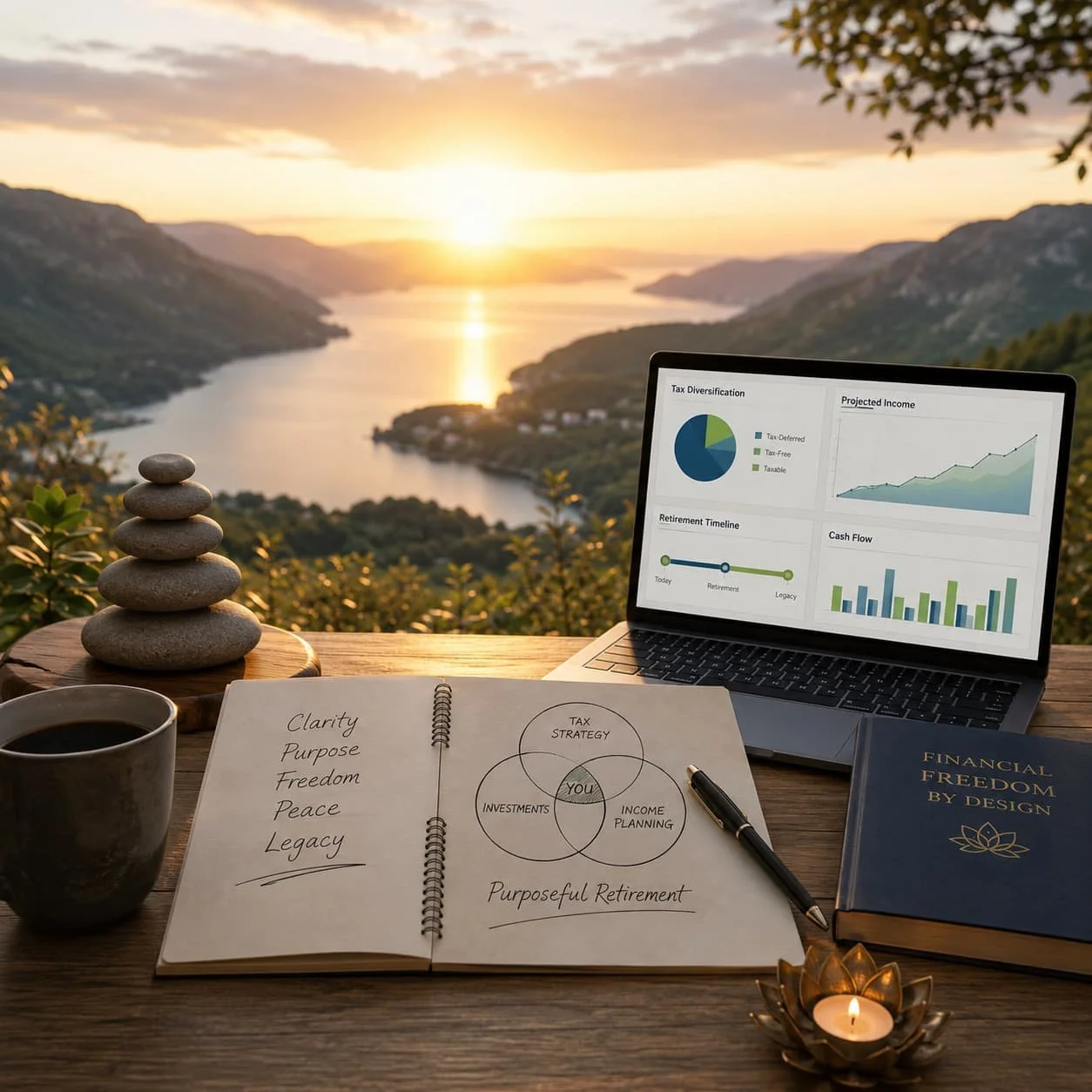 A serene outdoor workspace at sunset with a view of a river and mountains. On the desk, there's a coffee cup, a stack of smooth stones, a notebook with handwritten notes on retirement and investments, a laptop displaying financial charts, a closed book titled 'Financial Freedom by Design,' and a small candle holder with a lit candle.